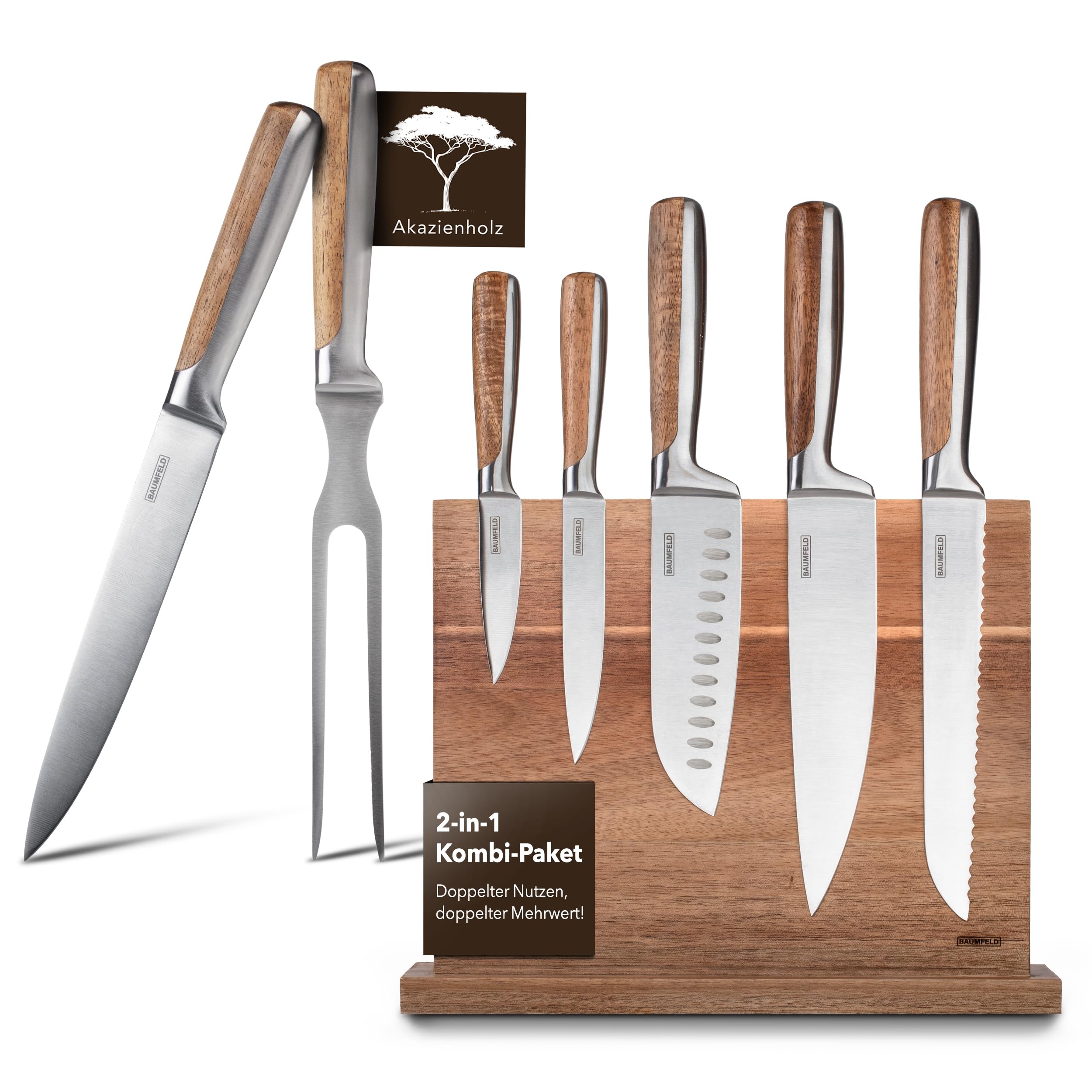 Bundle: 6-teiliges Messerblock-Set und 2-teiliges Tranchierbesteck (Silber)