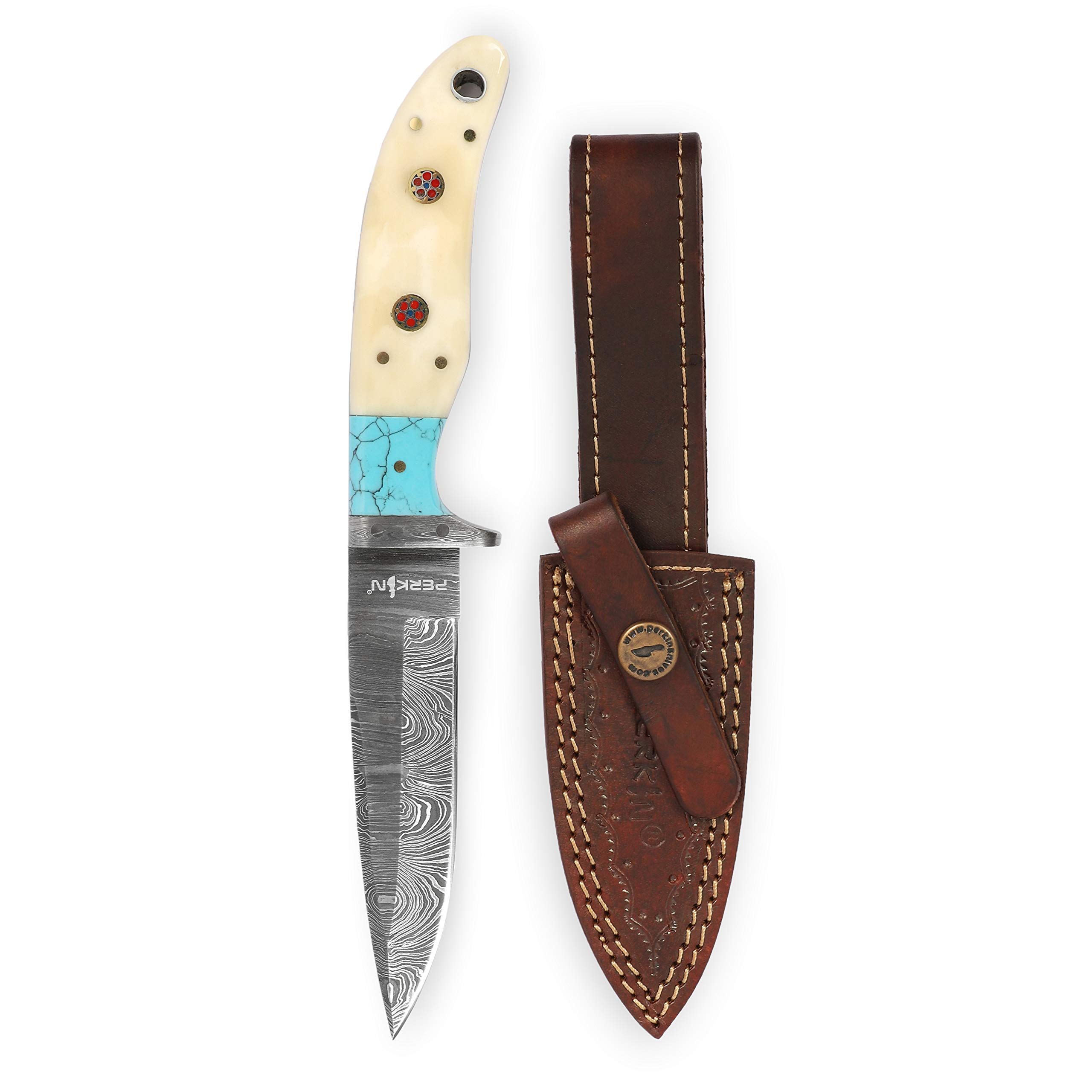 Coltello da caccia effetto damasco fatto a mano, manico turchese in osso.