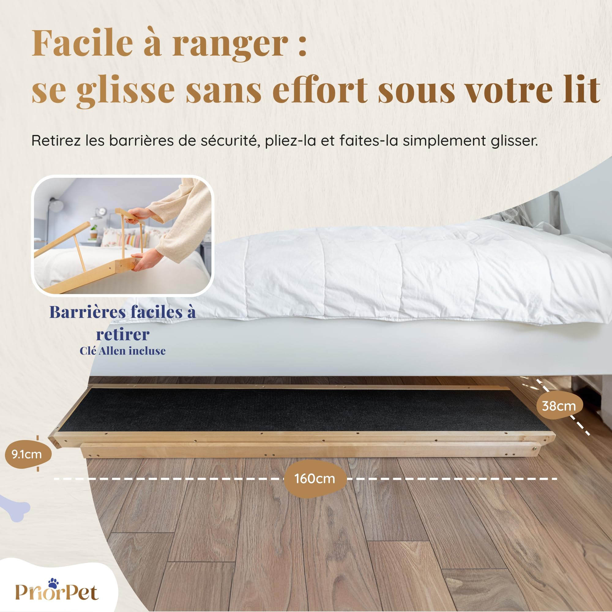 Rampe pour Chien Lit avec Barrières de Sécurité - Escalier pour Chien PRIORPET - Bois de Bouleau - pour Lit Haut jusqu'à 94.5 cm - Pliable -Poignée antidérapante-pour Les Chiens jusqu'à 23kg- Naturel