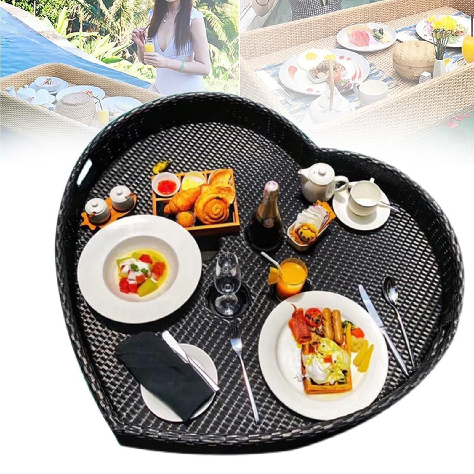 DFGHNBVC Rattan Woven Serving Tray - White Floating Breakfast Tray For Food Handles Pool Floats For Adults Hot Tub Breakfast