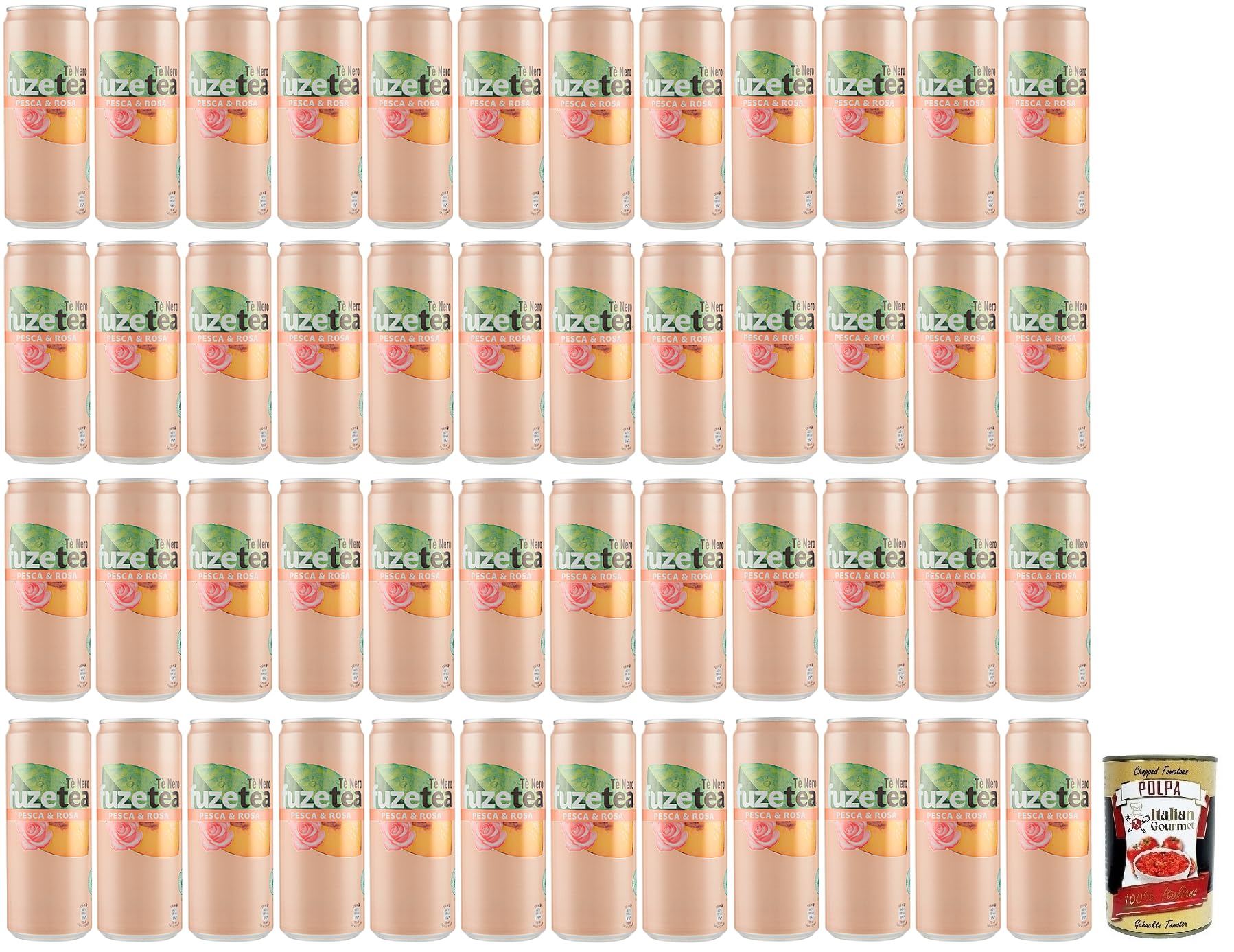 Italian Gourmet Eistee Pesca tè alla pesca Pfirsich Rose Dose 48 x 330ml | Kaltgetränk aus Schwarztee, bevanda analcolica rinfrescante in lattina, Gesamtnettogewicht 15,84 L + Kostenlos Polpa 400g