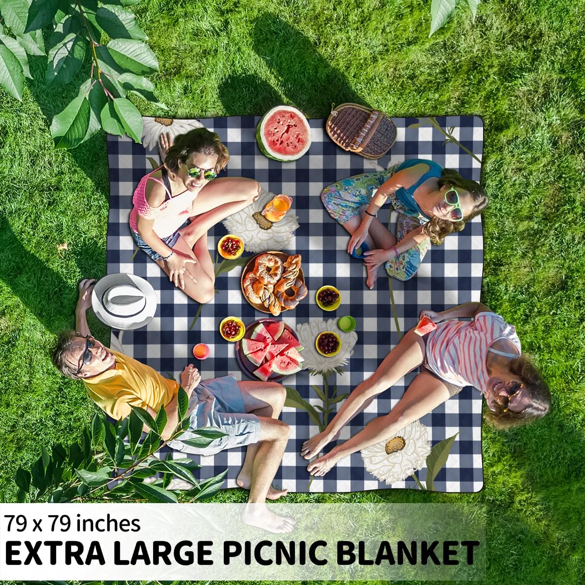 Daisy Koc piknikowy w kratę, wodoodporny, odporny na piasek, składany koc plażowy, 200 x 200 cm, bardzo duża, przenośna, nadająca się do prania, mata na zewnątrz, na kemping, do parku, na