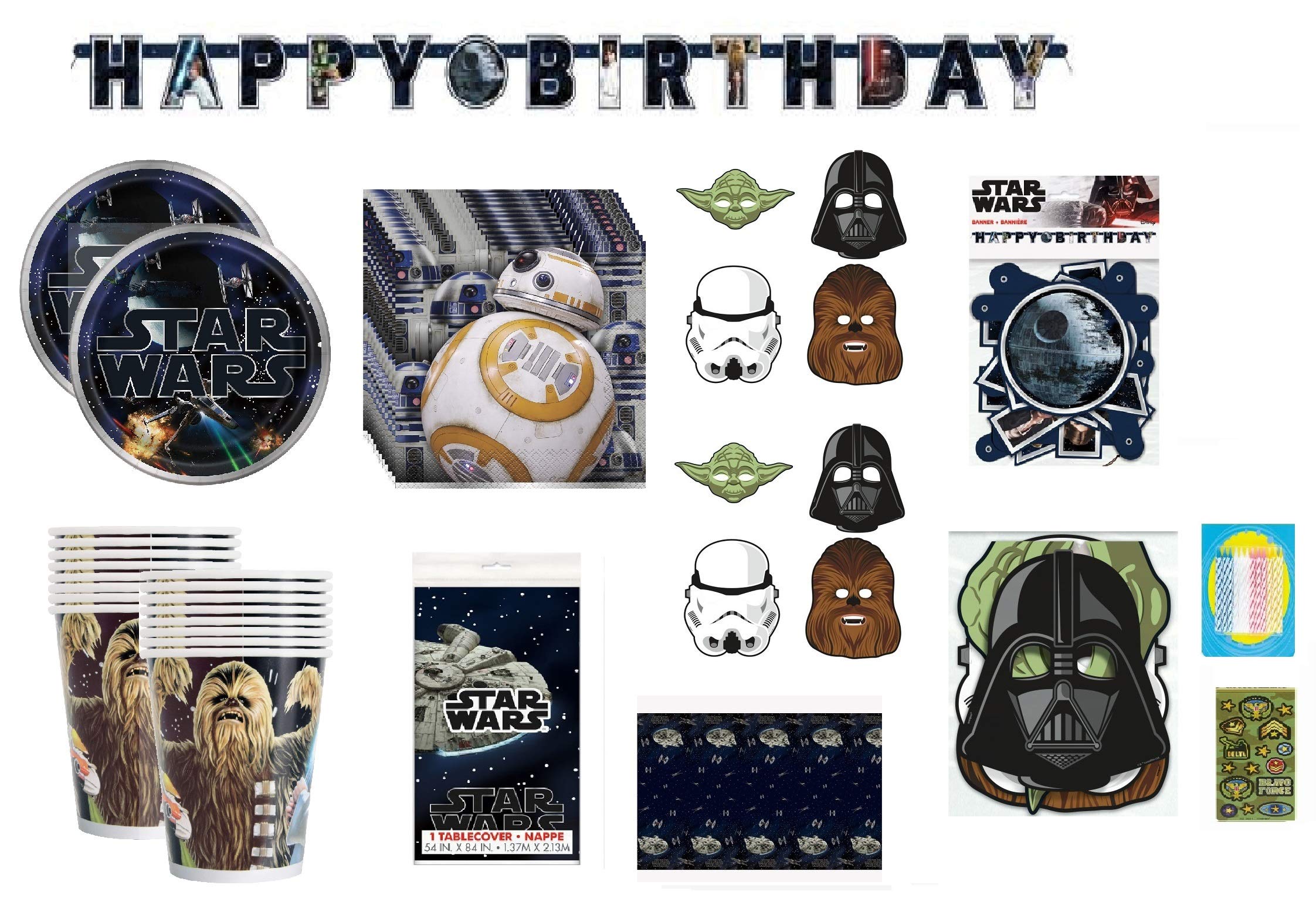 Star-Wars Birthday Party Supplies Decoration Bundle for 16 Includes Lunch Plates, Napkins, Cups, Table Cover, Banner, Paper Masks, Candles