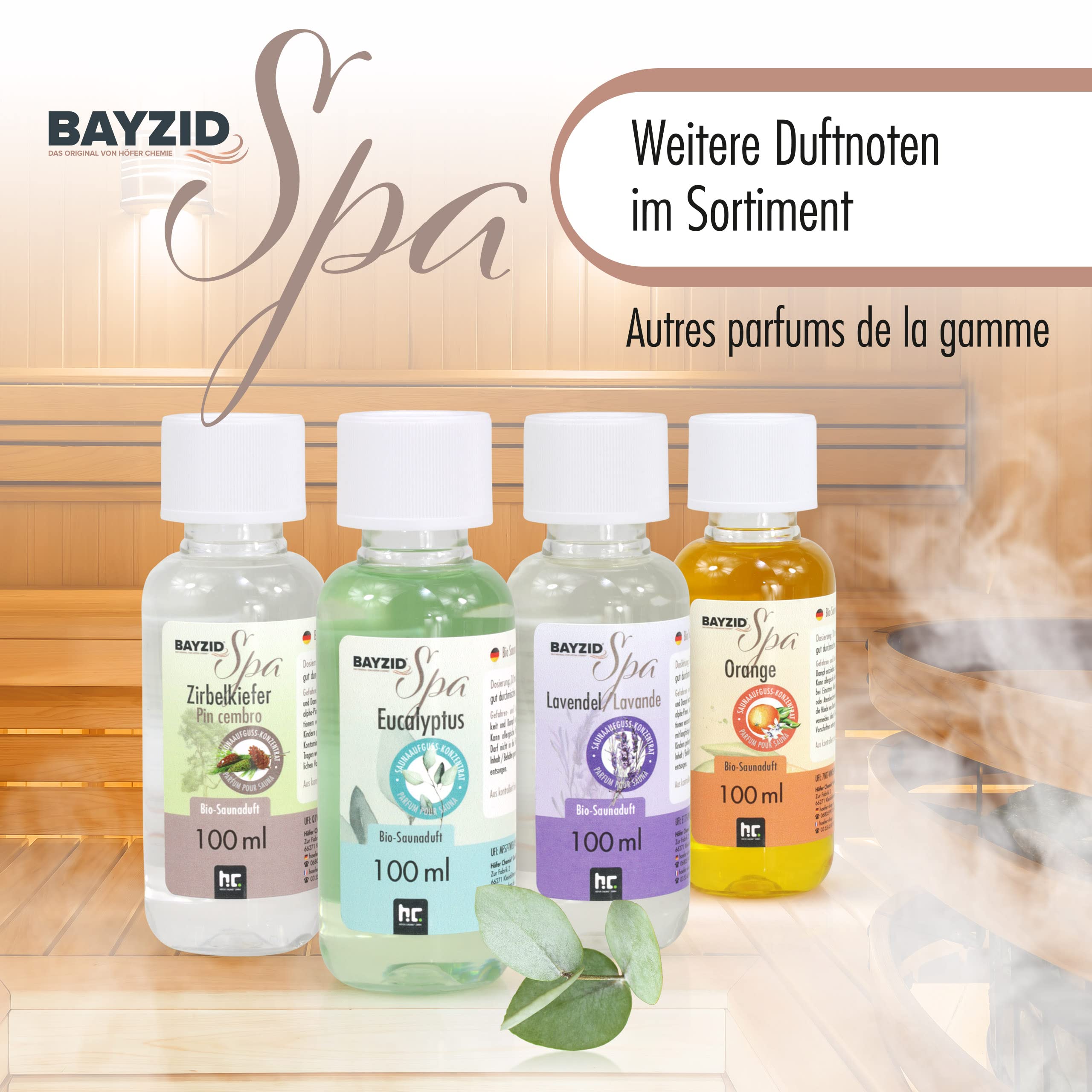 BAYZID® SPA Set de parfums bio pour sauna 4x100ml - différents concentrés de parfums pour sauna - pour le bien-être et la détente