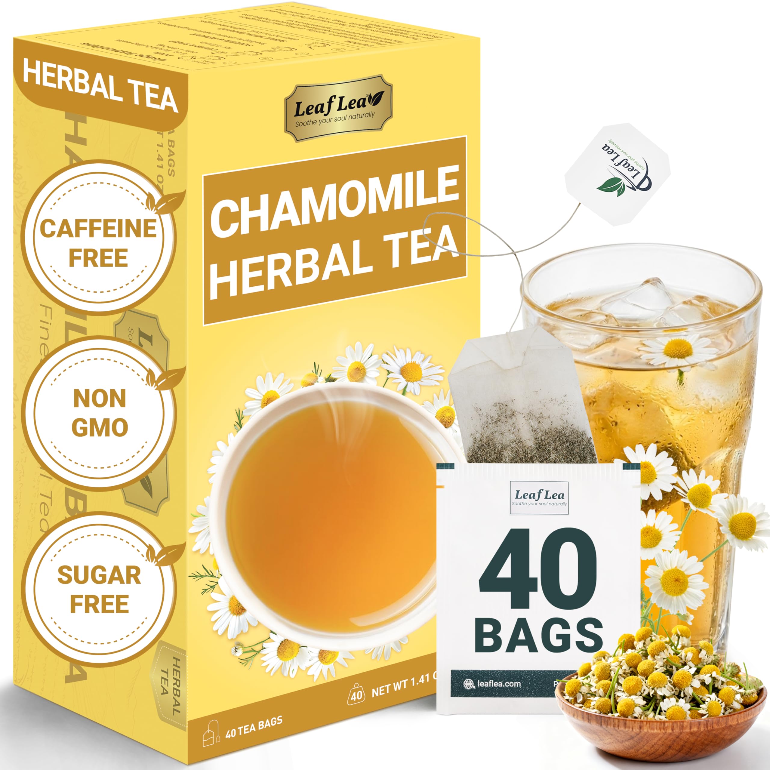 LeafLea Chamomile Herbal Tea Bags, Evening Bedtime Routine, 40 Count | From Chamomile Flowers, Gentle Floral Scent, Clean Smooth Finish, Caffeine-Free, Sugar-Free, Individually Wrapped Chamomile 40 Count (Pack of 1)