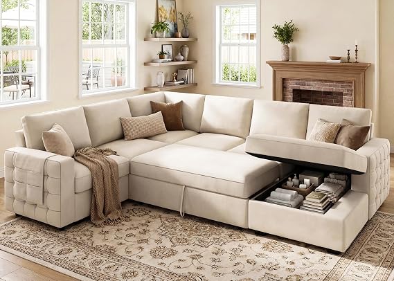HONBAY U-Shaped Sectional Sleeper Sofa | Pull Out Bed Couch with Storage | Velvet Sectional Sofa for Living Room | Modern Convertible Couch