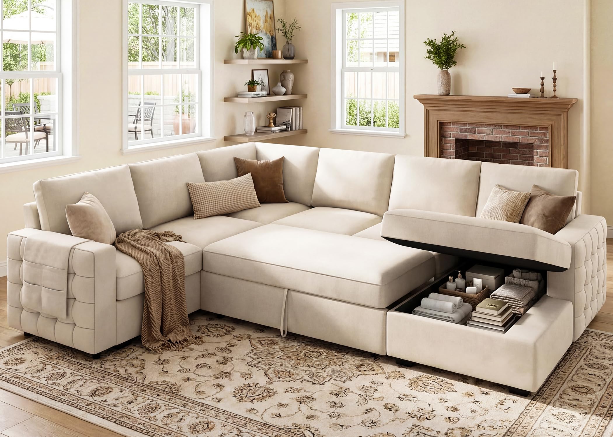 Photo 1 of *****Missing 4 boxes***** factory sealed****
HONBAY Sectional Couch with Pull Out Bed, Sectional Sleeper Sofa with Storage, U Shape Couches for Living Room, Velvet Beige