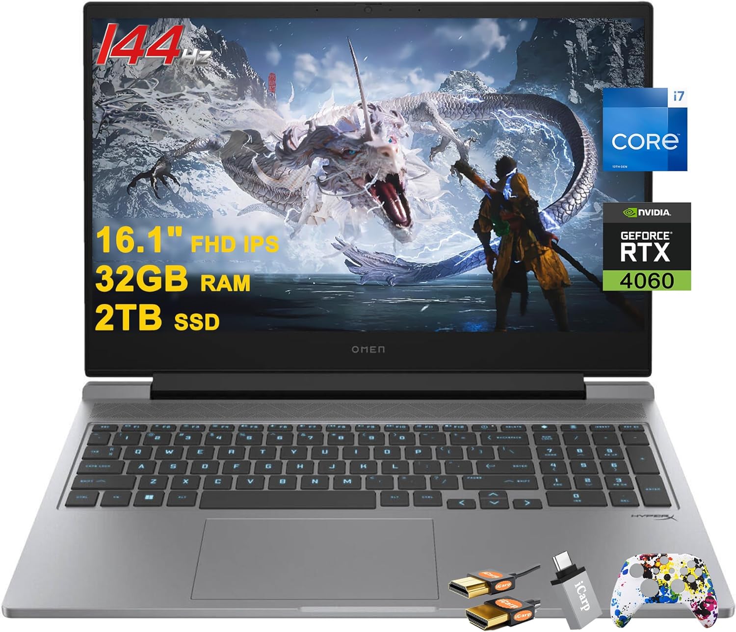 HP Omen 16 Gaming Laptop 16.1" FHD IPS 144Hz Intel 16-core i7-14650HX (>i9-13900HX) 32GB RAM 2TB SSD GeForce RTX 4060 RGB Backlit Thunderbolt FHD Privacy Camera Fast Charge Win11 w/ICP Accessory