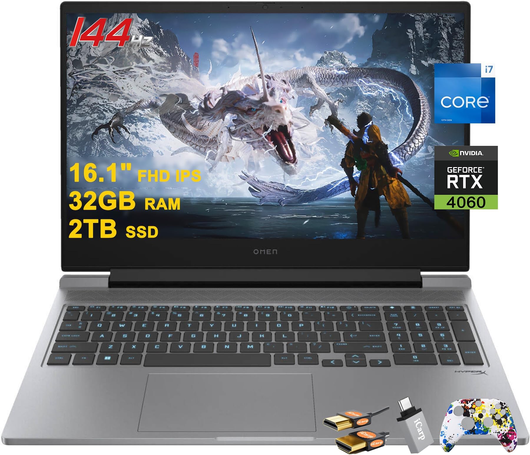 HPOmen 16 Gaming Laptop 16.1" FHD IPS 144Hz Intel 16-core i7-14650HX (>i9-13900HX) 32GB RAM 2TB SSD GeForce RTX 4060 RGB Backlit Thunderbolt FHD Privacy Camera Fast Charge Win11 w/ICP Accessory