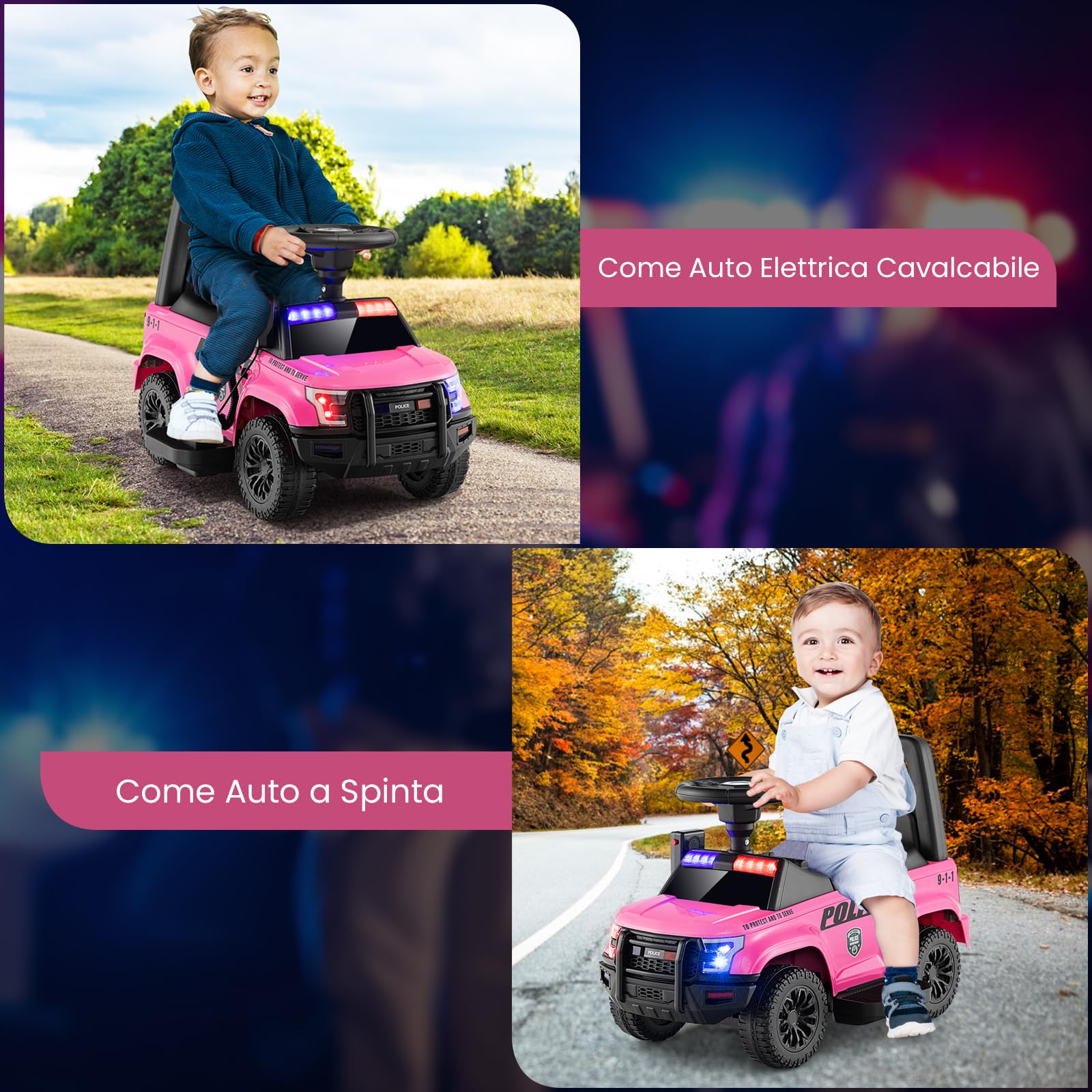 GYMAX Macchina della Polizia Alimentata a Batteria 6V con Megafono Sirene e Luci, Cavalcabile con Musica per Bambini e Bambine 18-60 Mesi (Rosa)