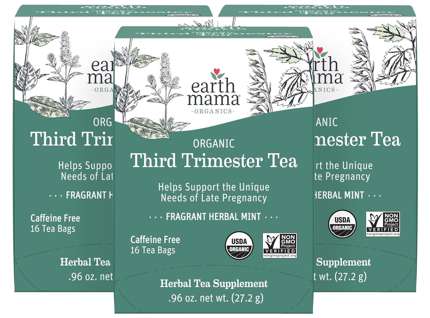 Earth Mama Organic Third Trimester Tea Bags | 100% USDA Organic Herbal Tea for Late Pregnancy Comfort + Childbirth Preparation, 16 Teabags Per Box (3-Pack)