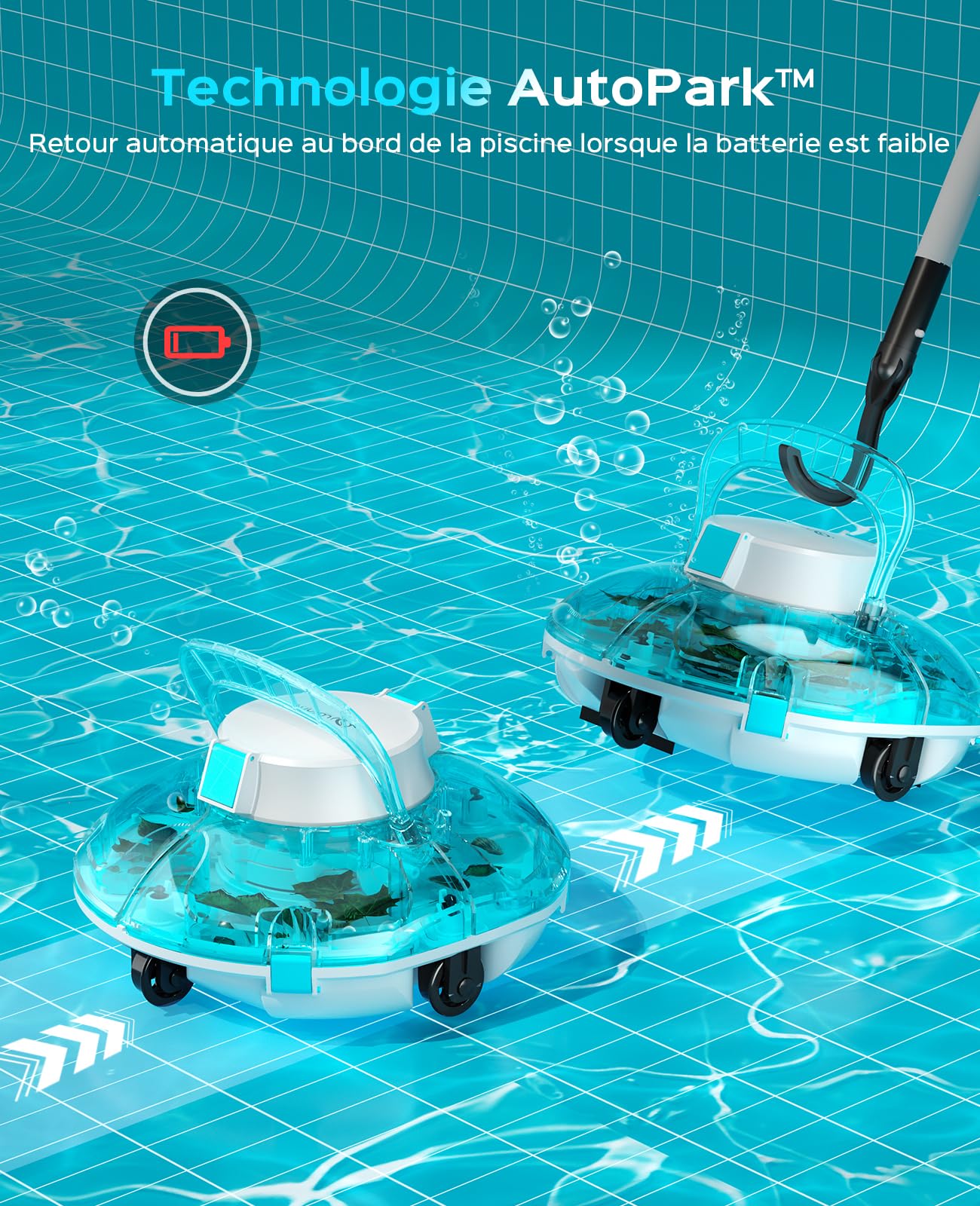 WINNY POOL CLEANER Winny 200 Robot Piscine, Aspirateur Piscine sans Fil avec Batterie, Autonomie 80 Min pour Piscines Hors-Sol 60 m², Double Filtration, Stationnement Automatique(Bleu Transparent)