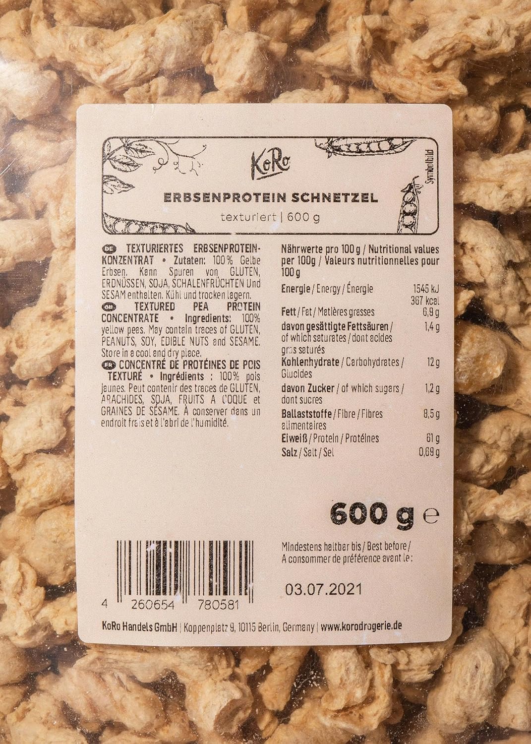 KoRo - Spezzatino proteico di piselli 2 x 600 g - 100% piselli - Gustosa alternativa alla carne - per goulash e stufato vegano