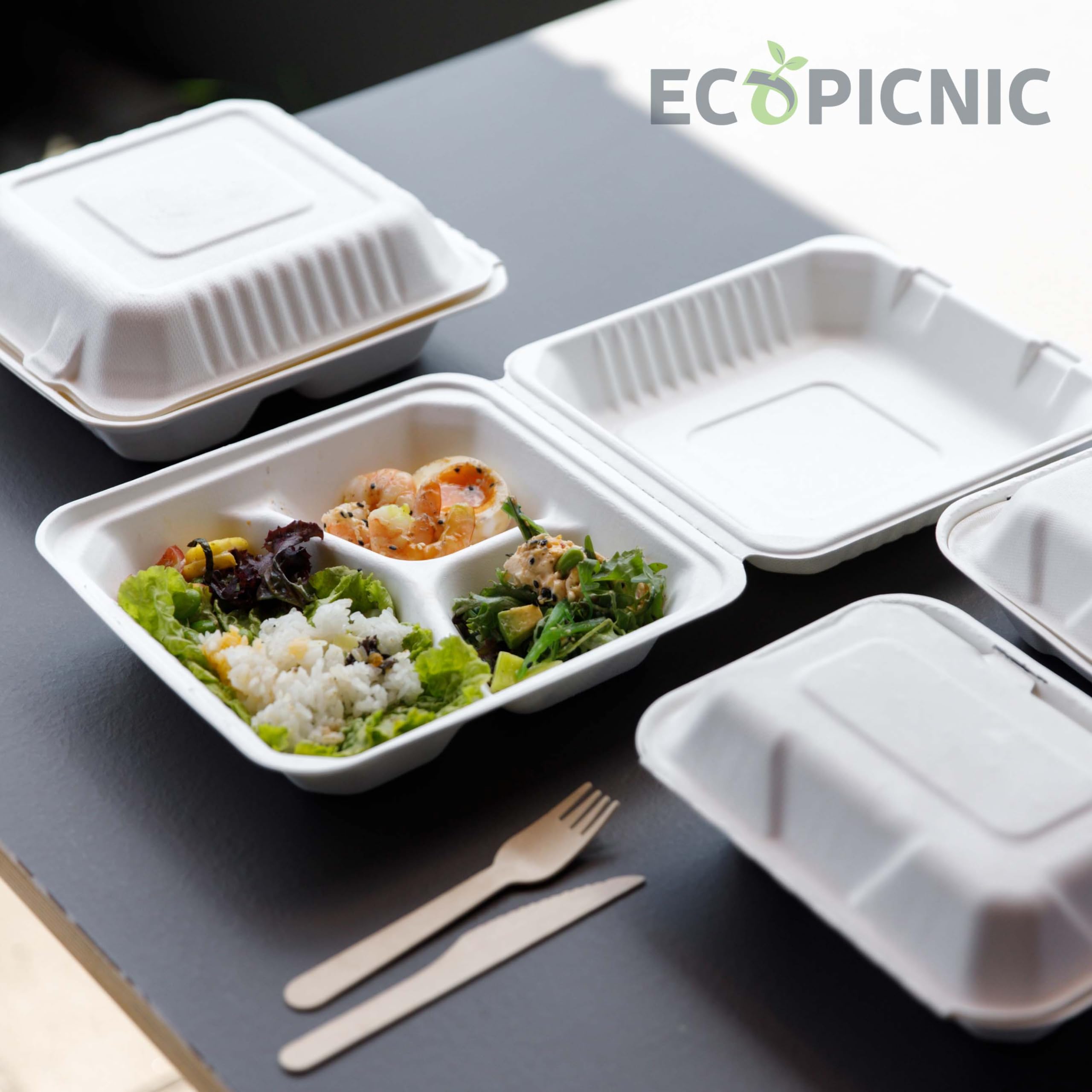 50 Stück Menübox 2-geteilt 24x16x6cm mit Klappdeckel | rechteckige Einweg Lunchboxen aus Zuckerrohr, ideal für Takeaway