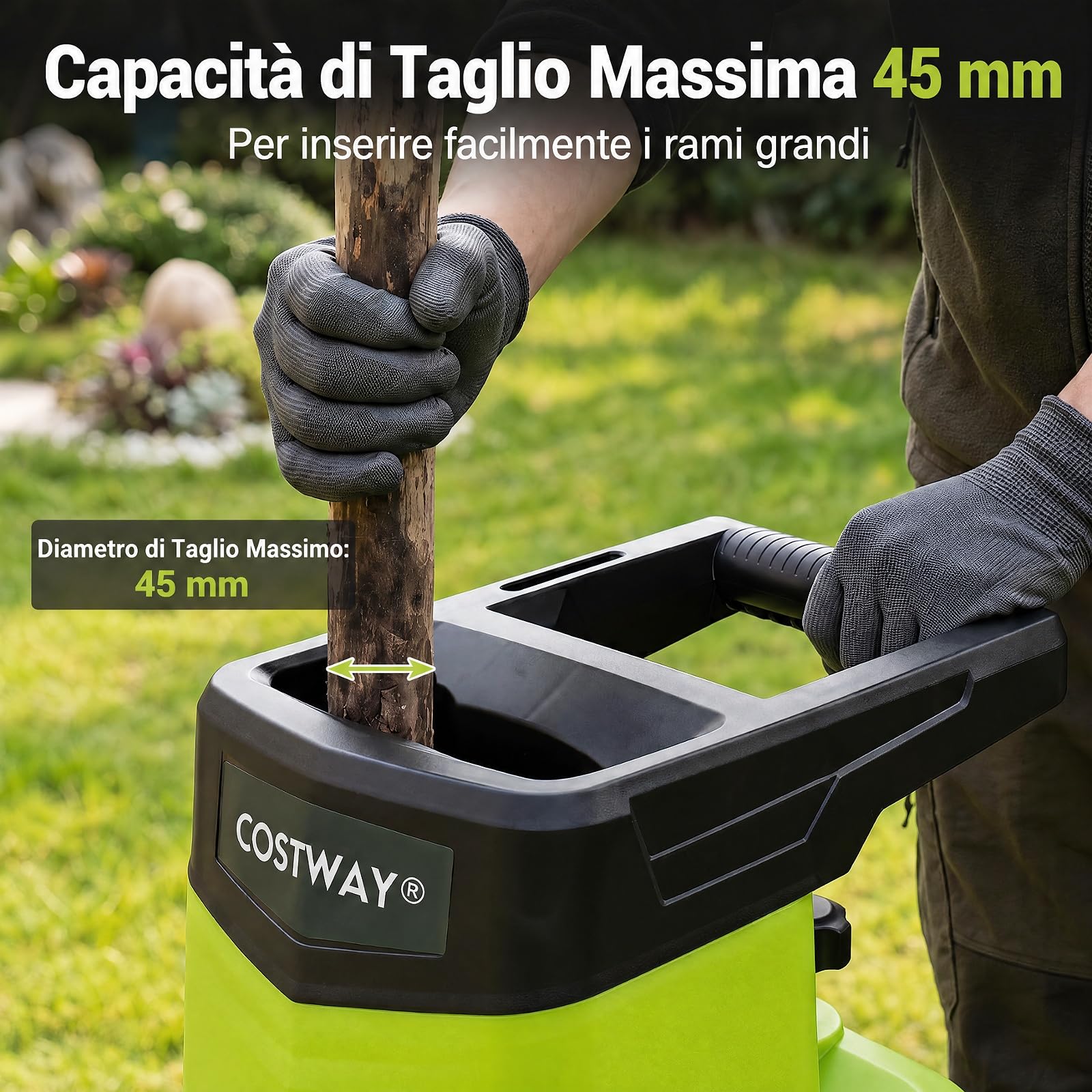 COSTWAY Biotrituratore Elettrico 2500 W, Cippatore Trita Legno (Verde) | Trinciatrice da Giardino a Rullo per Rami e Arbusti 45 mm con Sacco 50 L, Lame a Doppio Taglio, Pala Spingirami e Maniglia