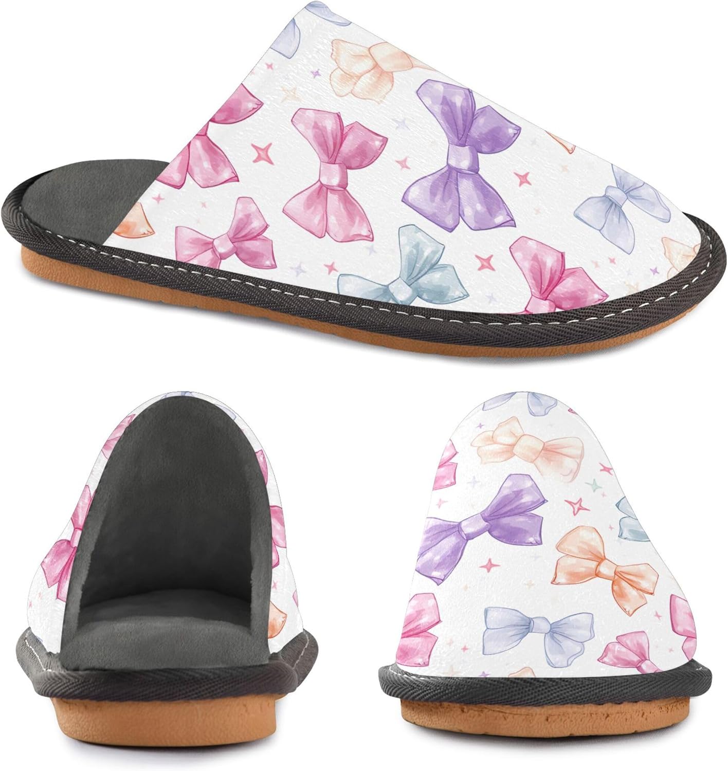 Bows House Slippers – Cozy Fuzzy Slippers for Guests, Washable & Disposable, Perfect for Shoeless Home, Spa & Hotel Use A111820