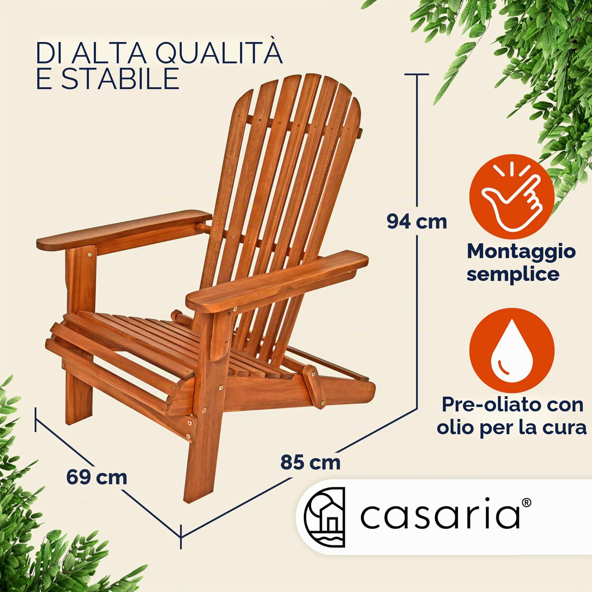 CASARIA 2x Sedia Prendisole Relax Set Pieghevole Adirondack da Giardino Sdraio Mare Legno di Acacia