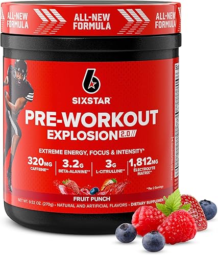 Six Star Polvo de preentrenamiento para hombres y mujeres, Fruit Punch (30 porciones)  Mezcla de bebida energética preentrenamiento Explosion 2.0