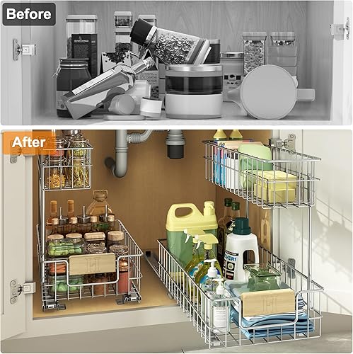 Miniatura 7 de RITSU Organizador de gabinete extraíble, estante de almacenamiento deslizante debajo del fregadero con cajón de alambre deslizante de 2 niveles,