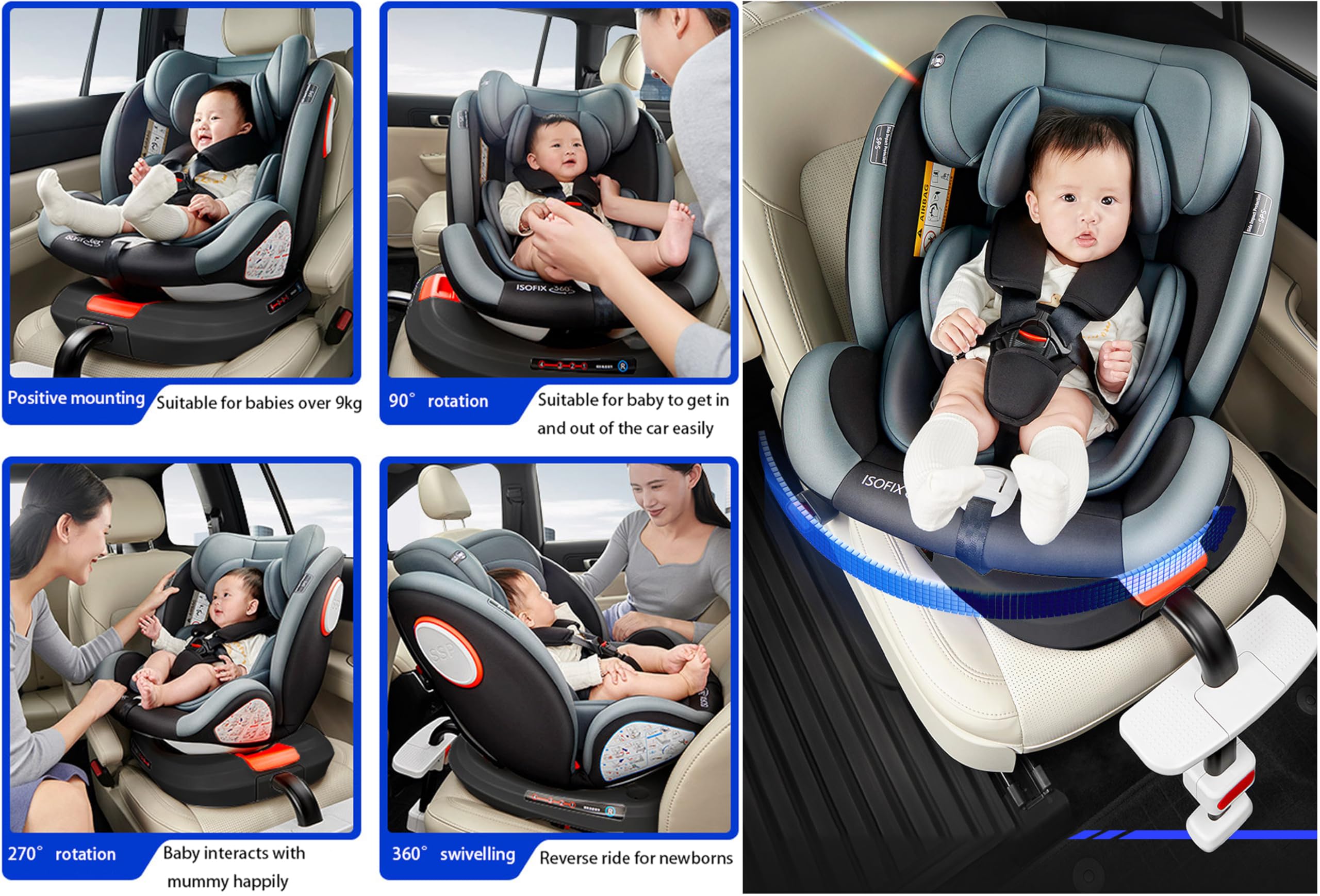 Nine point nine Giratorio 360° Silla Coche, Altura e Inclinación Ajustables Silla Coche Bebe, Anticolisión Sillita Bebe Coches, Fácil de Limpiar Sillita Bebes Coches (Grey with Foot Rest Frame)