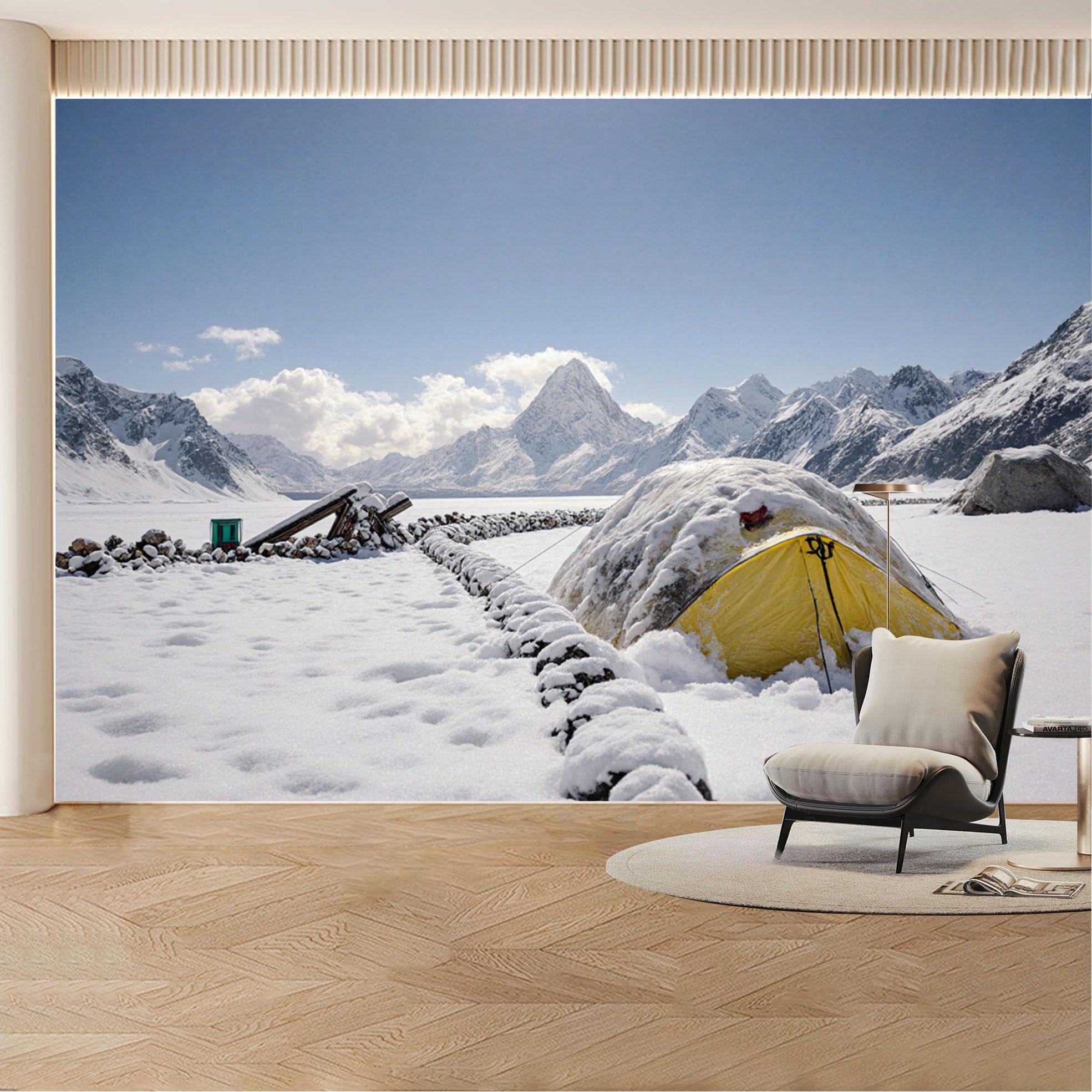 Custom Wall Mural Wallpaper Snowy Mountain Tent Landscape Nature 3D Effect Wall Decor Misty Removable SelfAdhesive Large Photo for Living Room， Bedroom， Office