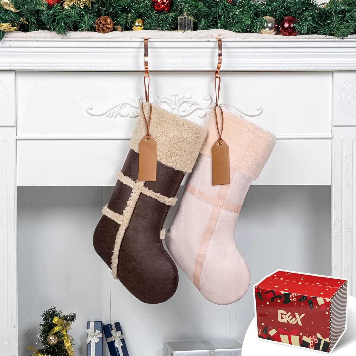GEX Christmas Stockings 2 Pack with DIY Nametag for Family Large Pleather Plush Luxury Faux-Wool Boho Modern Neutral Stockings Fireplace Decorations Ornaments for Xmas (Dark Brown & Pink) - Image 6