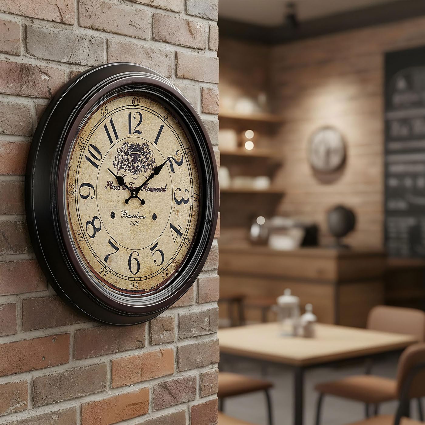 levandeo Wanduhr XXL aus Metall (47 cm) – Nostalgische Bahnhofsuhr mit Barcelona-Motiv und rustikalem Vintage-Design