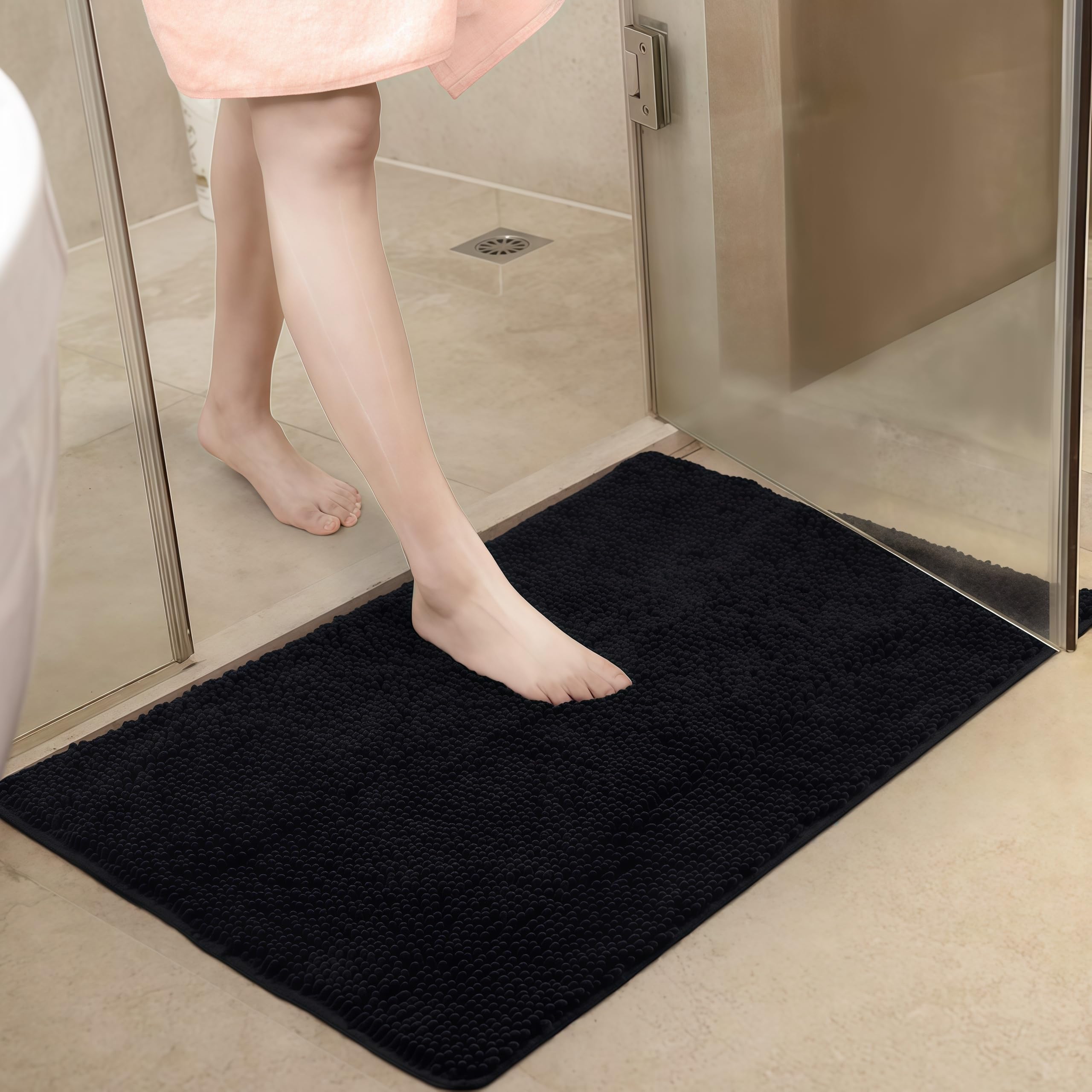 CAIHONG Bath Rug Original TPR Chenille Luxury Bathroom Rug Mat (80 X 50 cm), Extra Soft and Absorbent Shaggy Rugs, Machine Wash/Dry, Perfect Plush Carpet Mats for Tub, Shower and Bath Room (Black)