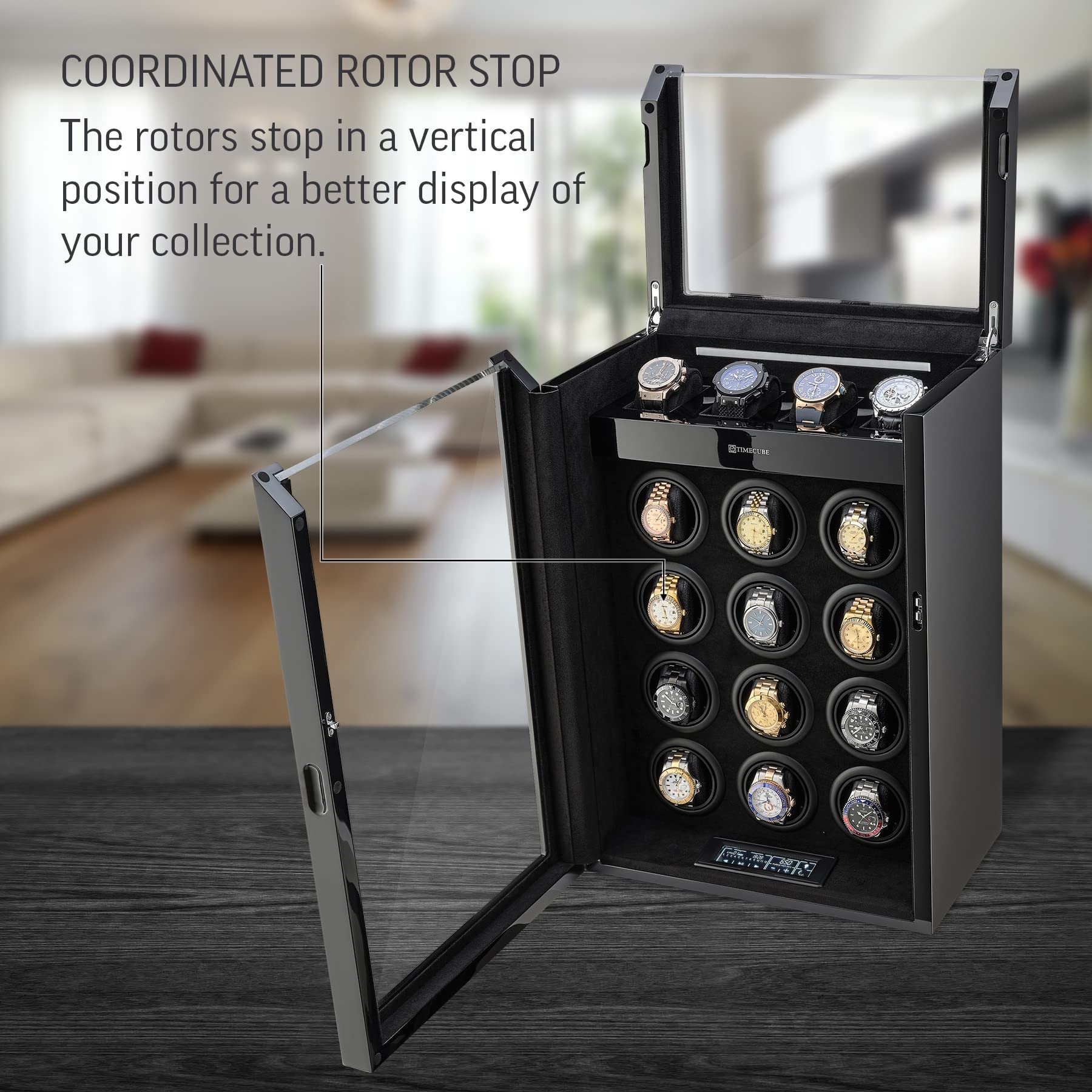 TIMECUBE Watch Winder for 12 Watches with Interior Light and 4 Watch Storage Slots (Black)