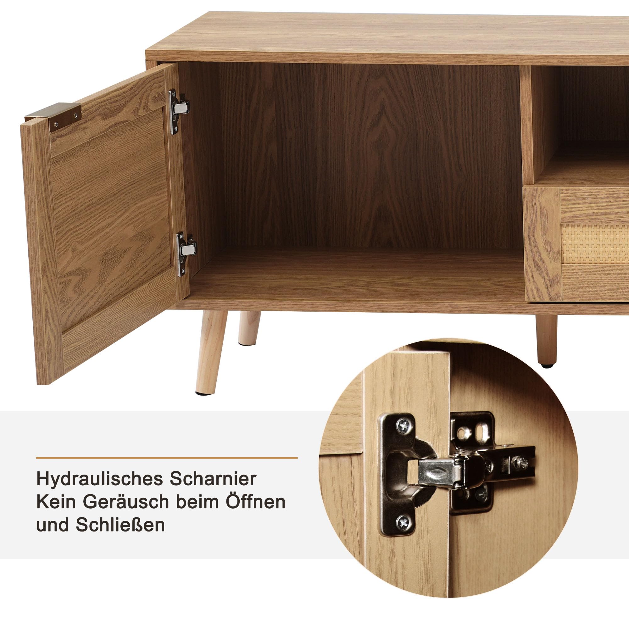 Mobile TV in rattan con piedi in legno massello, per TV fino a 49", larghezza 200 cm, effetto rovere, regolabile in altezza, stile rustico