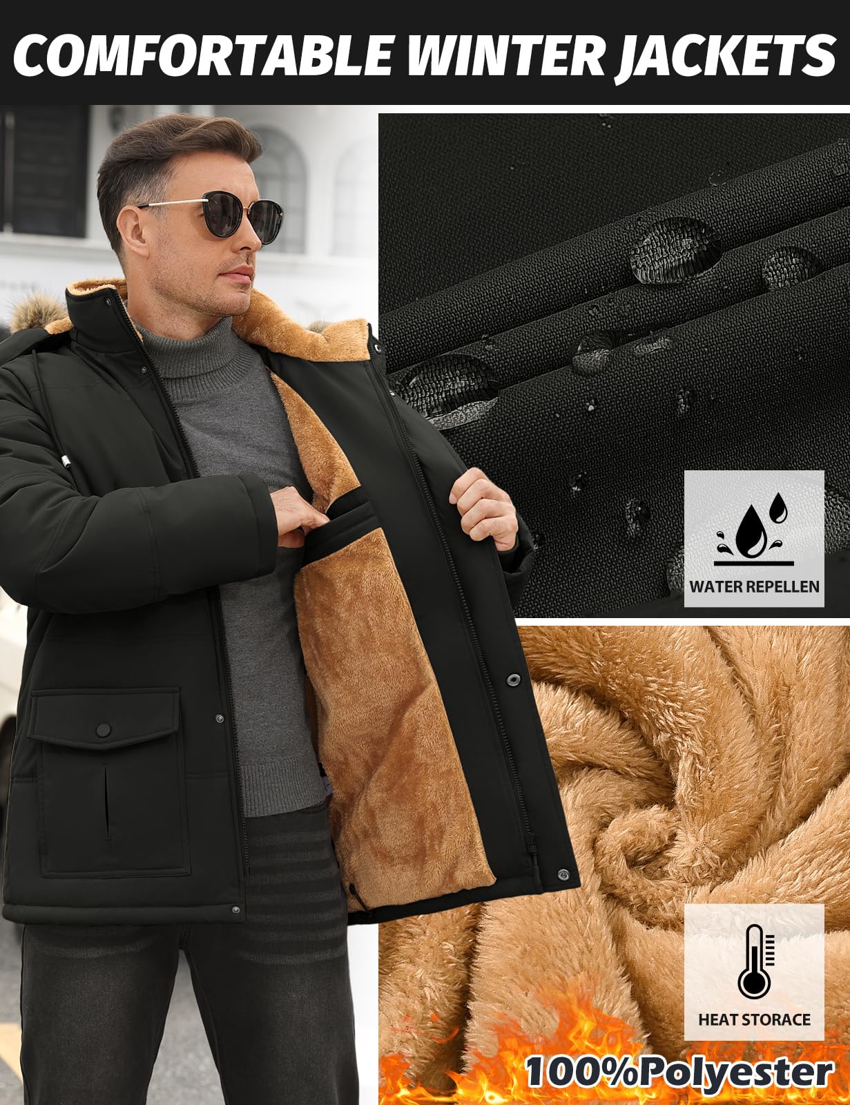 Lonya Parka Hombre Invierno Repelente al agua Chaqueta Forro Polar Giacca Cálido Abrigos Cortavientos Casual Giacche con Cappuccio