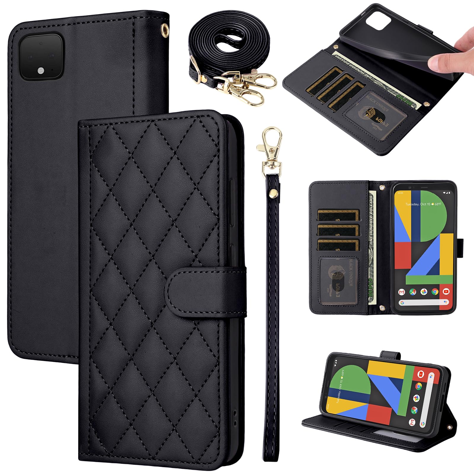 Furiet Argyle Wallet Case for Google Pixel 4 XL with Wrist Strap Shoulder Strap, Card Slots Folio Purse, Luxury PU Leather Stand Accessories Phone