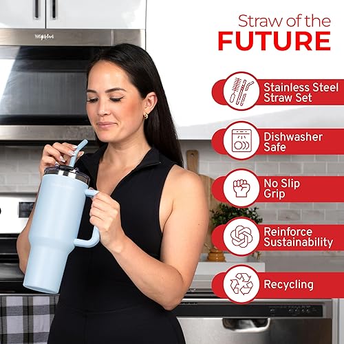 Miniatura 6 de Vaso de 40 onzas con asa y popote, tapa de vaso a prueba de fugas, vaso aislado reutilizable, botella de agua de acero inoxidable, taza de viaje,