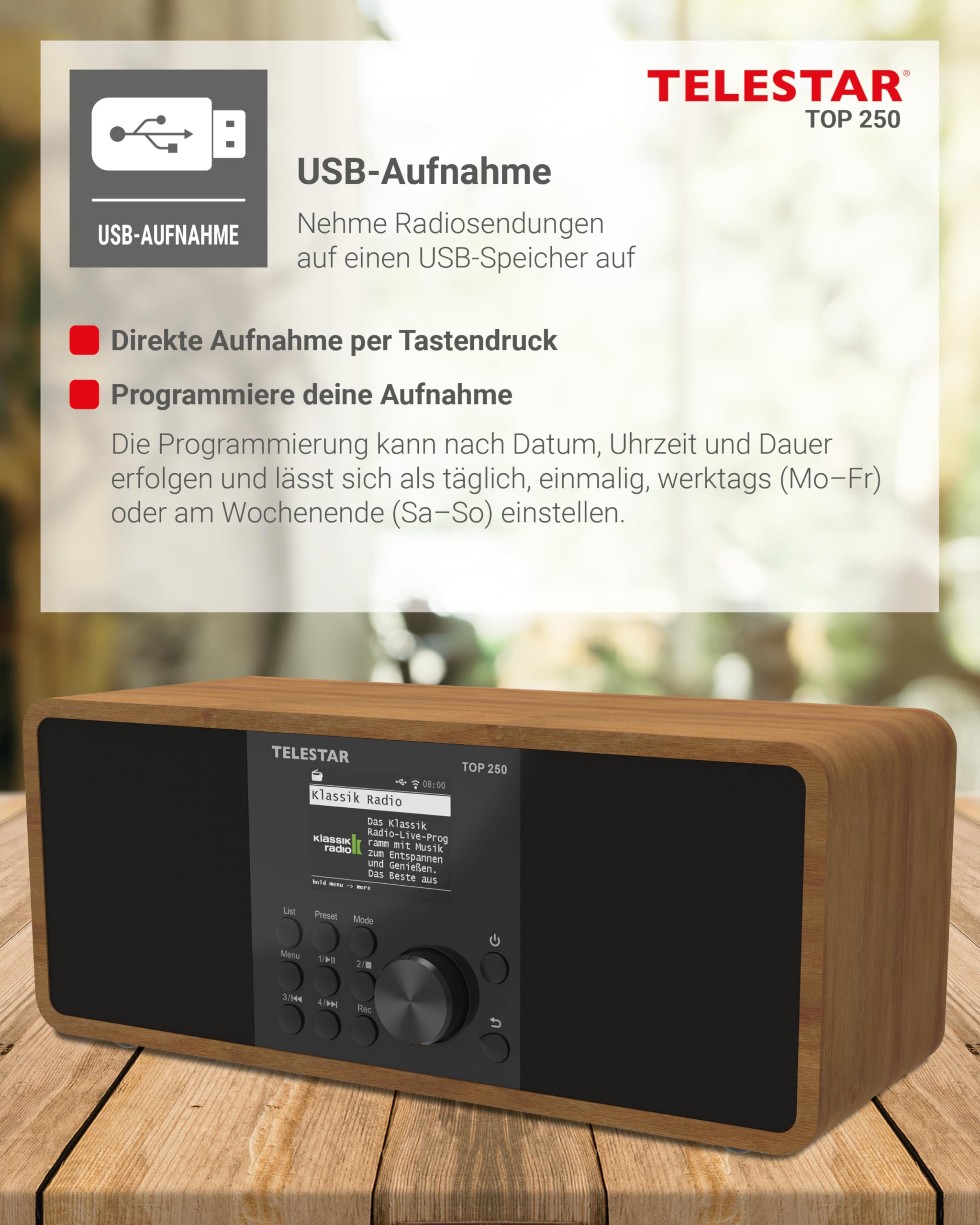 TELESTAR TOP 250 – DAB+/Internetradio, Stereo – Holz | 2 × 10 Watt, Bluetooth Audio-Streaming & Sendefunktion, USB-Aufnahme, Notfallwarnsystem, App-Steuerung