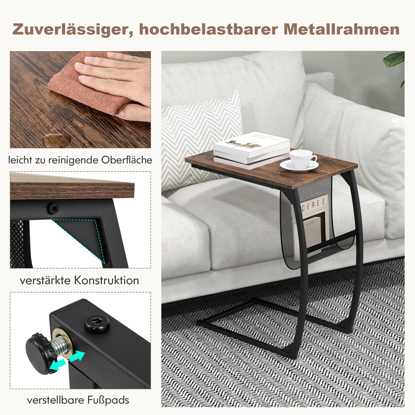 COSTWAY Bijzettafel bij de bank, C-vormige laptoptafel, boven het bed tafel, notitieboek tafel naast het bed of een bank, draagbare werkstation (Walnoot COSTWAY Bijzettafel bij de bank, C-vormige laptoptafel, boven het bed tafel, notitieboek tafel naast het bed of een bank, draagbare werkstation (Walnoot