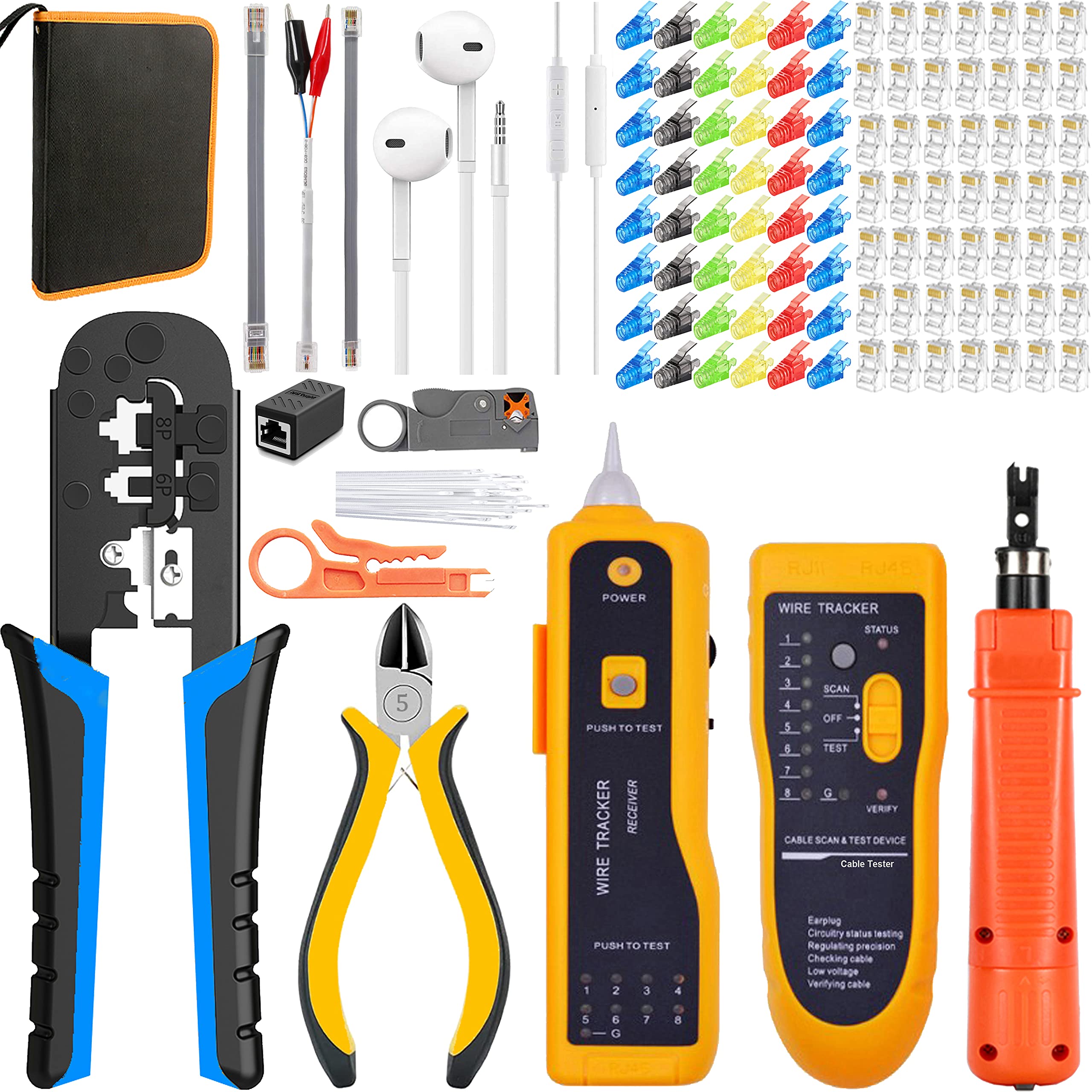 Mayline - Pinza crimpatrice RJ45/RJ12/RJ11, tester per cavi Ethernet Cat5 Cat6, tagliacavi per riparazione cavi, taglierina crimpatrice 6P 8P, kit di crimpatura di rete (blu)