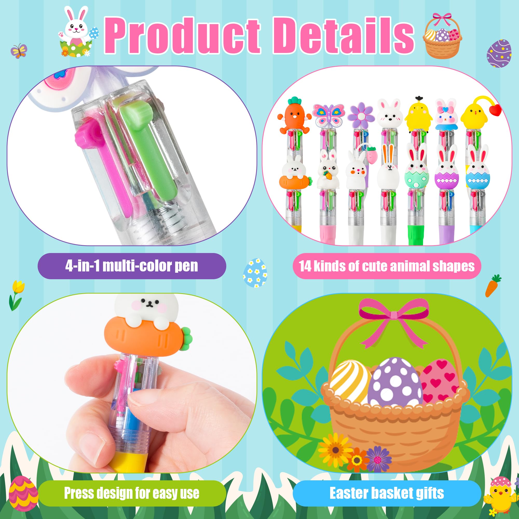 ANGOLIO 84PCS Easter Gifts Bulk Cartoon 4 in 1 Multicolor Ballpoint Pens with Greeting Cards for Easter Party Favors Basket Stuffers Goodie Bag Filler School Supplies Students Rewards Classroom Gifts