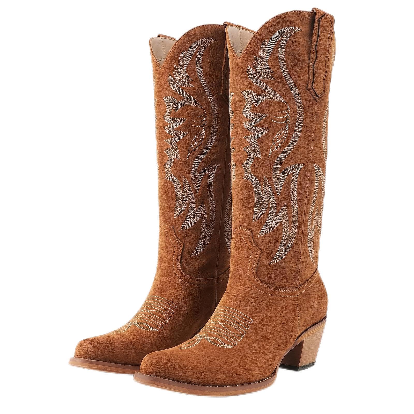 Women Mid Calf Cowboy Boots Western Ponited Toe Embroidered Chunky Heel Cowgirl Boots