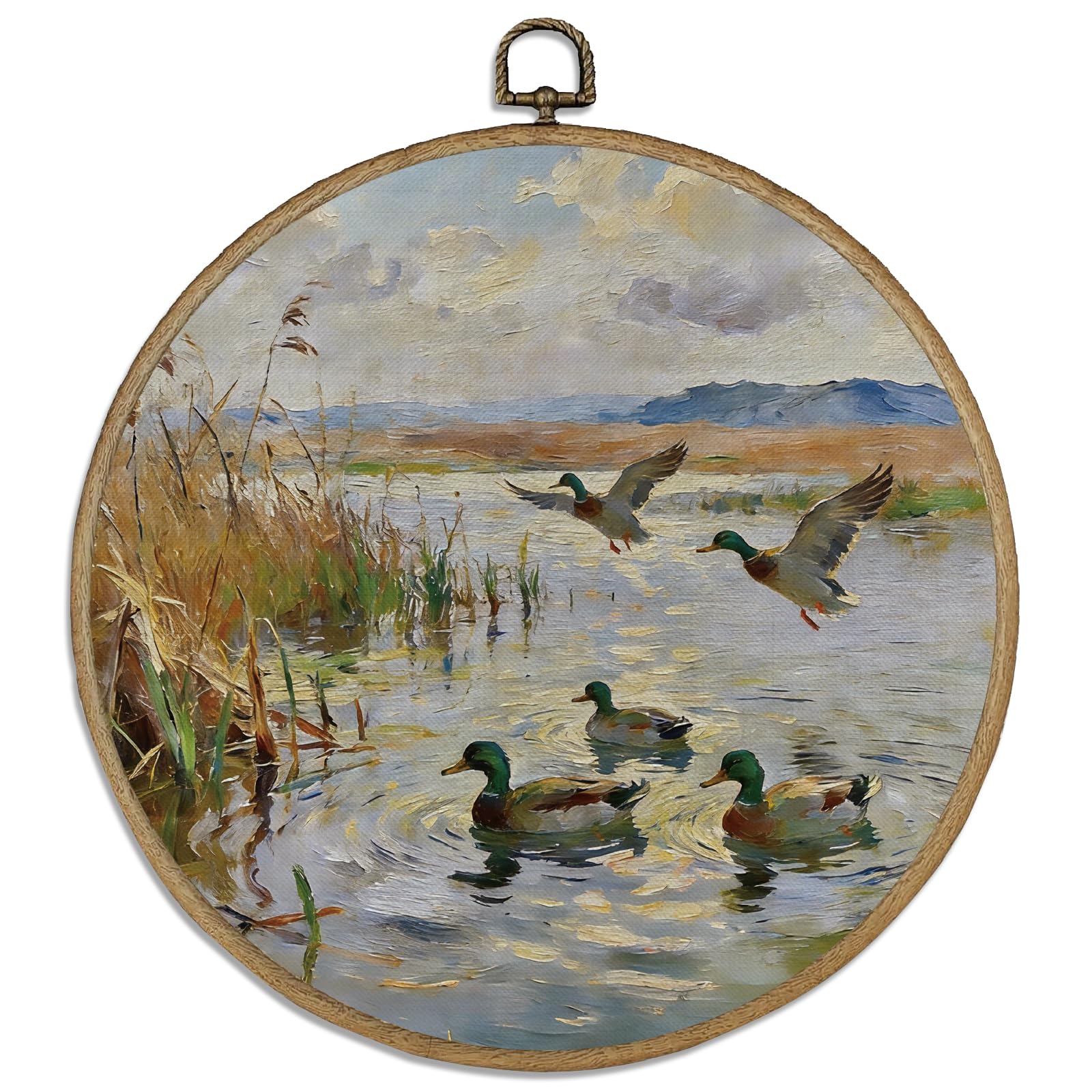 DELORIGIN Rural Mallard Ducks Wall Art Decor 10" Round Framed Canvas Wall Art Prints with Metal Hooks Home Artwork Hanging Framed Pictures for Hallway Stairs Bedroom Living Room Cottagecore Decor
