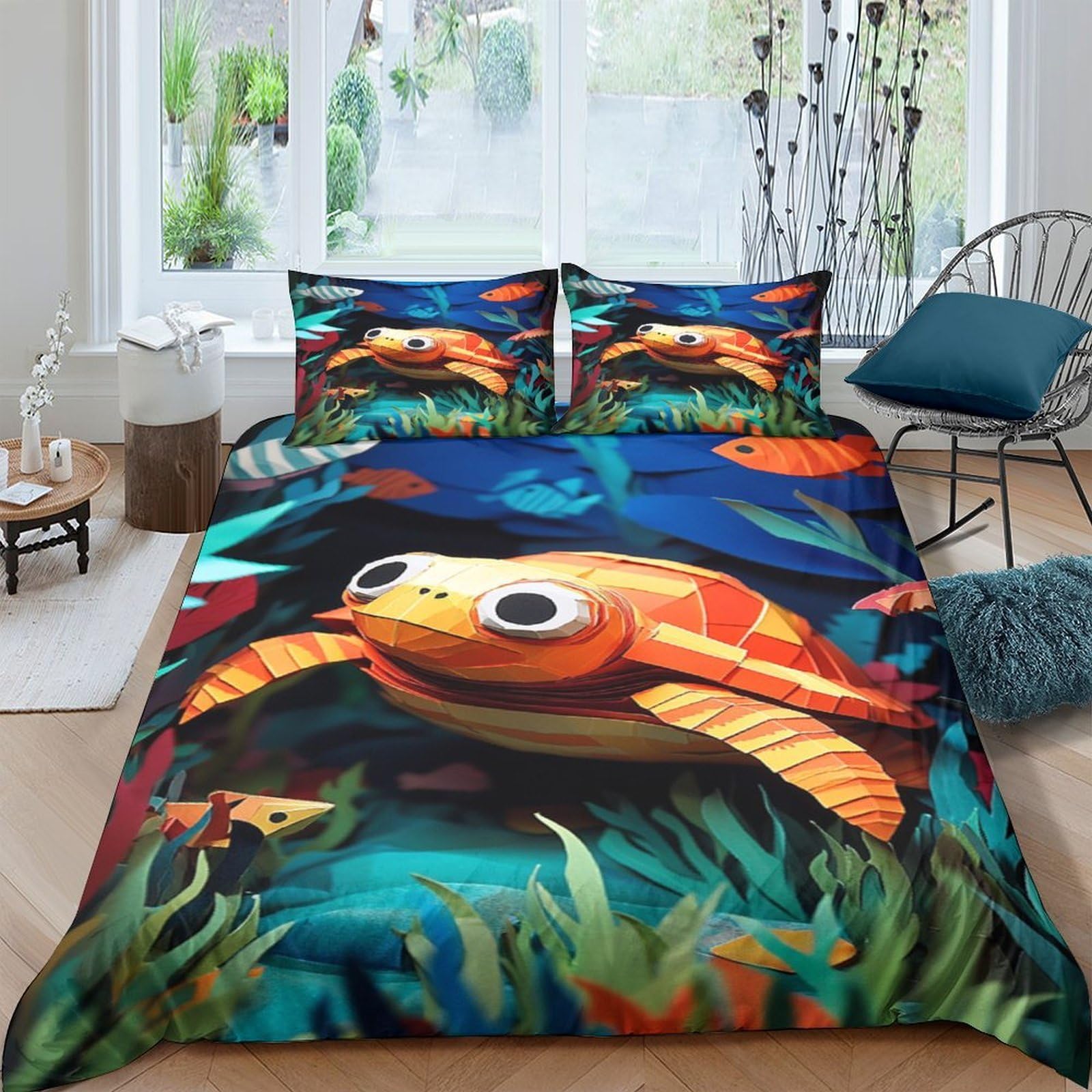 Ctjqhvkz Style-9 3D Printed Sea Turtle Fitted Sheet Microfiber Soft Orange Ocean Cartoon Mattress Cover For Bedroom Dorm Room Decor Single（135X200cm）