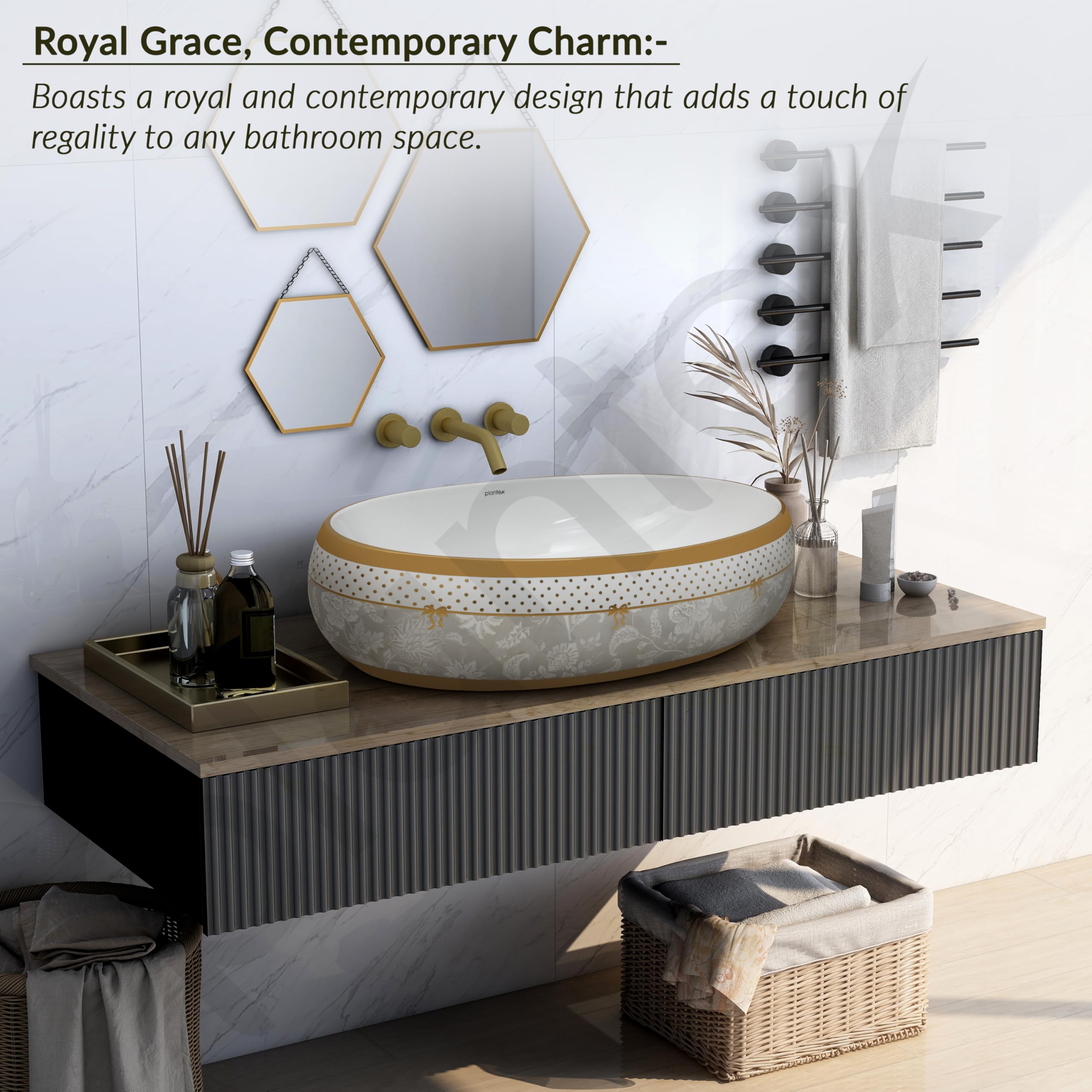 Plantex Ceramic Wash Basin - White & Gold -2 Plantex Ceramic Wash Basin - White & Gold -2