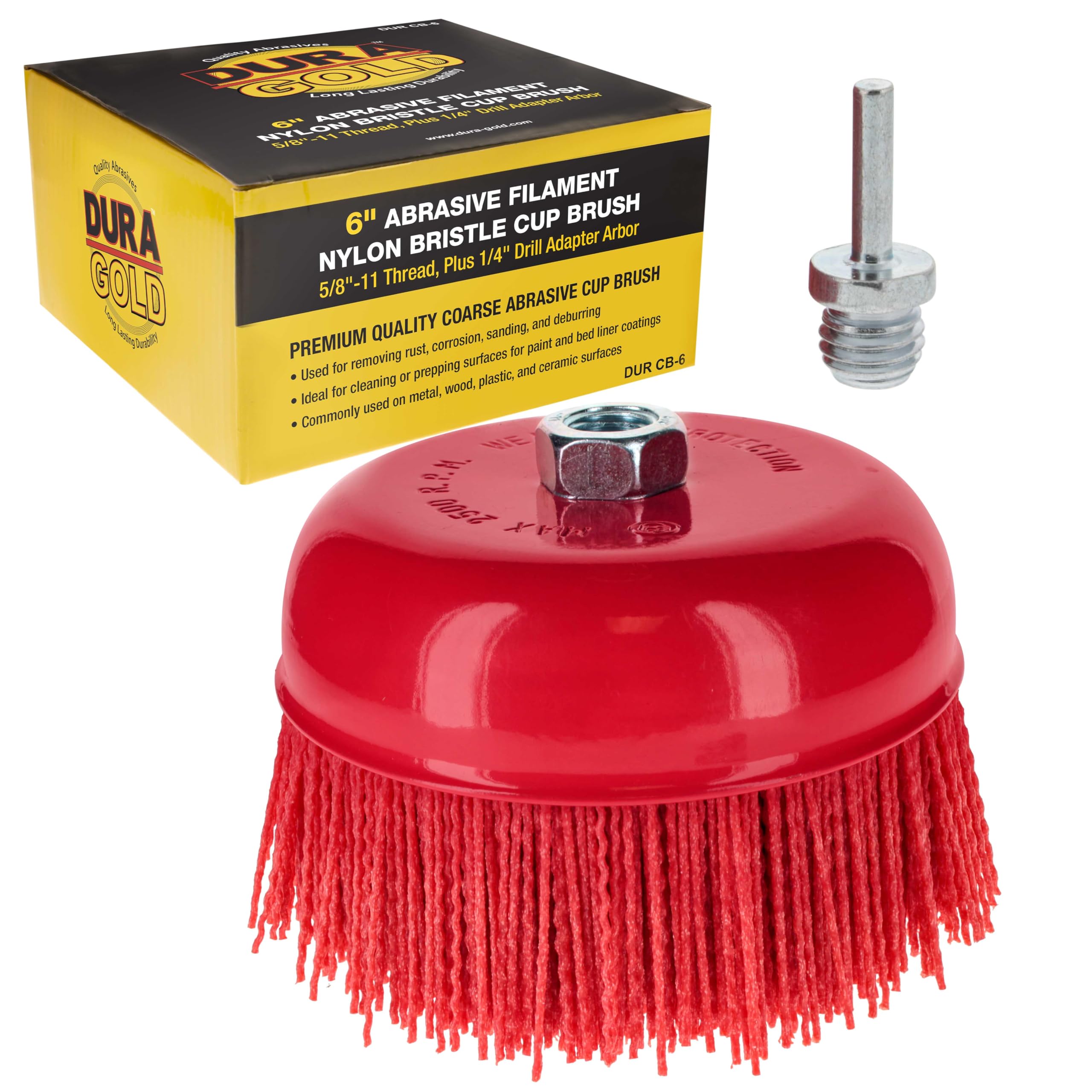 Dura-Gold 6" Abrasive Filament Nylon Bristle Cup Brush - 5/8" 11 Thread, 1/4" Hex Drill Shank Arbor, Coarse Grit Angle Grinder Brush for Truck Bed Liner Surface Prep, Sanding, Rust & Paint Removal