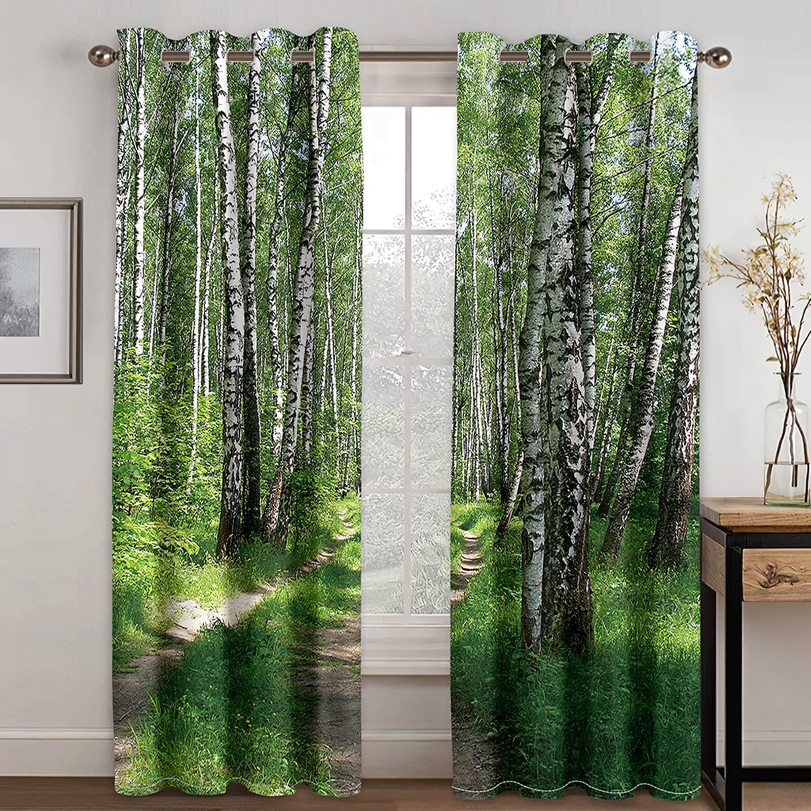 Vorhänge Verdunkelung, Gardinen Grün Natur Wald H 183 x B 107 cm Blickdicht Vorhang mit Ösen für Wohnzimmer, 2er Set