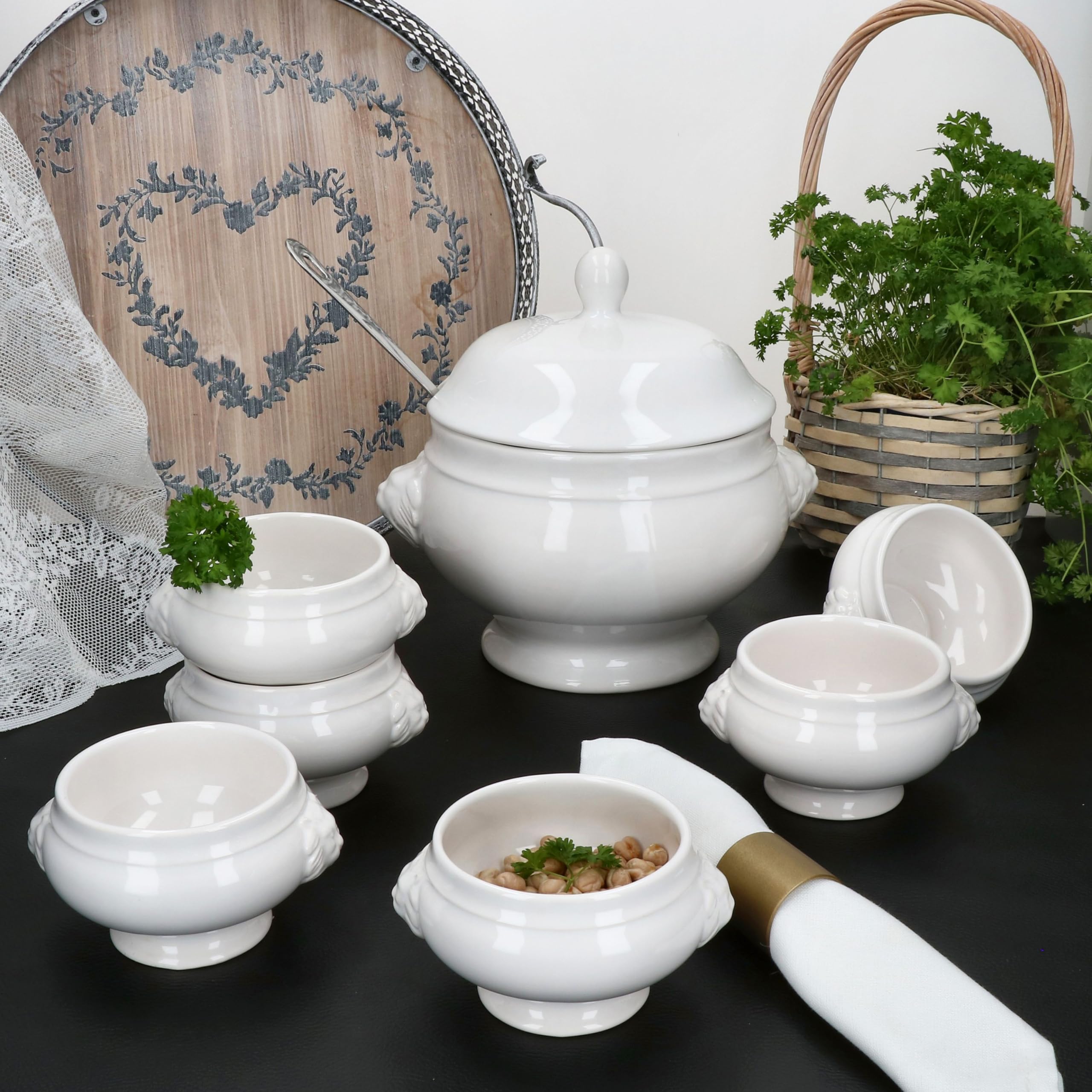 MamboCat Set da 7 pezzi Leo con testa di leone e senza coperchio, 6 X 0,25 l e 1 X 2 litri, ciotola bianca con testa di leone per zuppa e stufati