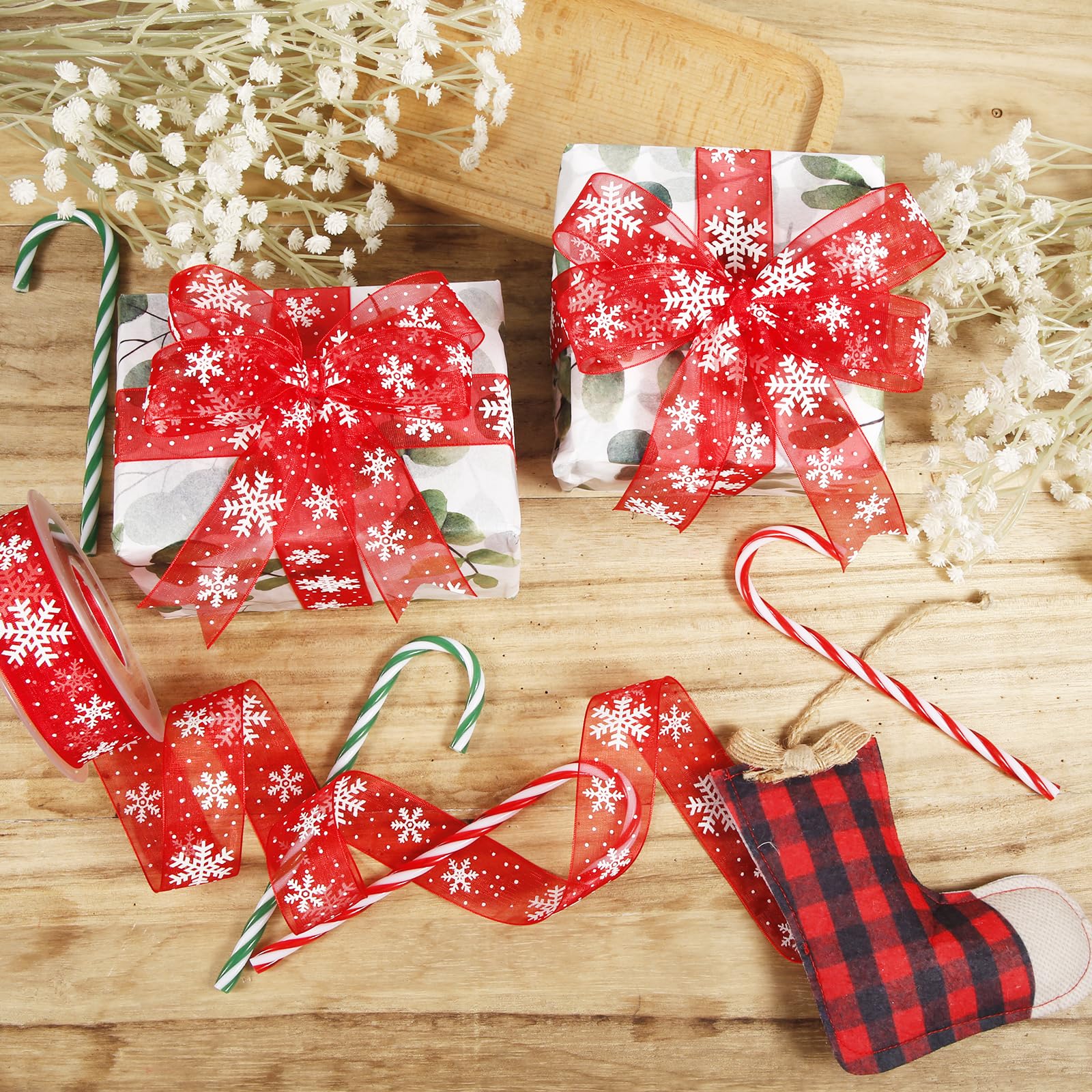 Christmas Ribbon 22yards x 1 inch, Red Thin Snowflake White Wired Ribbon 25mm Wide - Image 4
