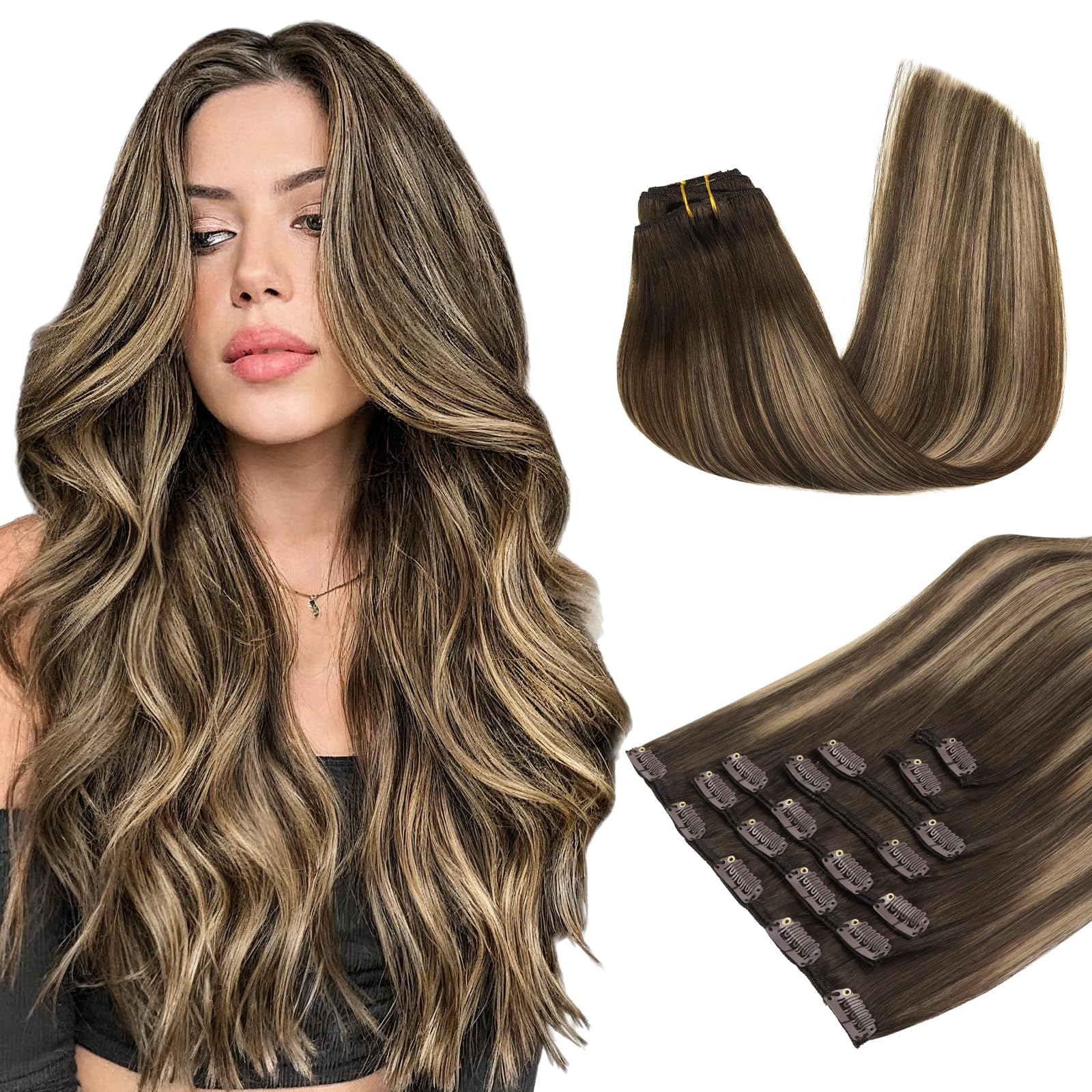 MAXITA Clip in Hair Extensions Real Human Hair 100% Remy Hair Extensions Clip ins Double Weft for Women,Natural Human Hair,24inch 120g 7Pcs,Chocolate