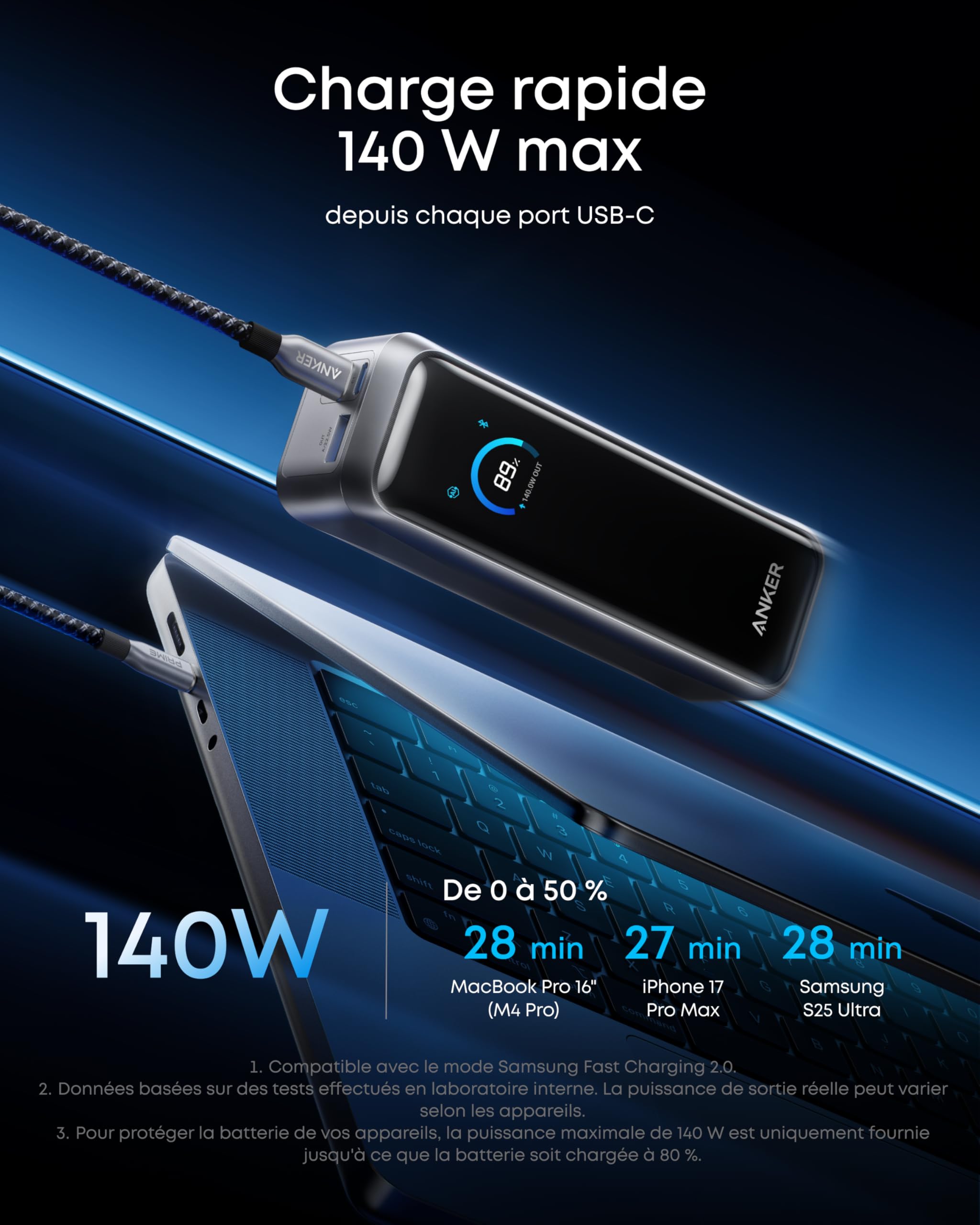 Anker Prime Batterie Externe 20100 mAh, Sortie Max 220W, 3 Ports