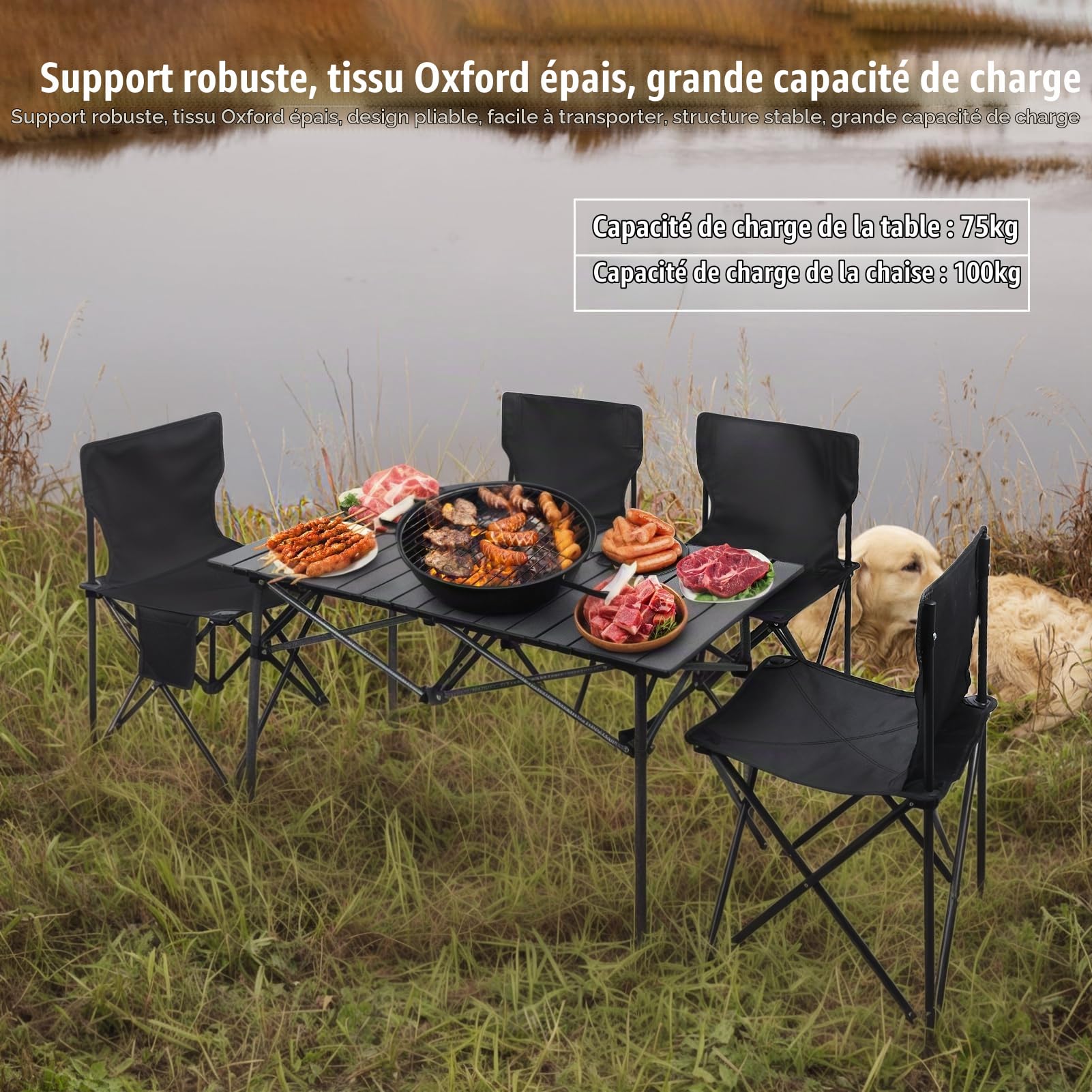Ensemble de table camping pliable avec 4 chaises et sac transport, ensemble pliantes pour une utilisation en extérieur intérieur, tables pique-nique légères le camping, la plage, les Noir 95CM