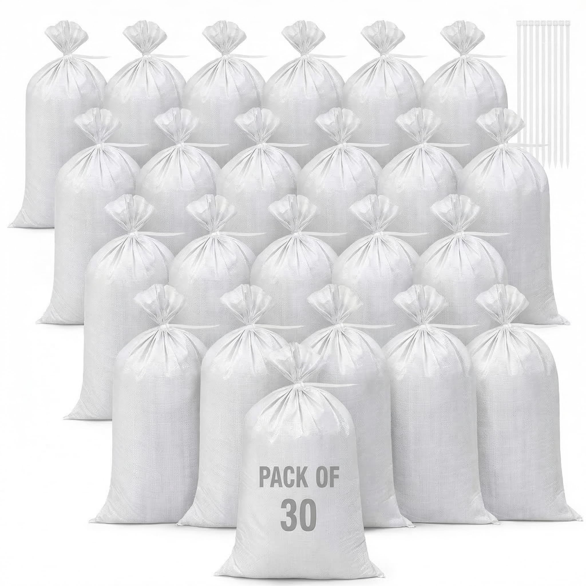 30 Sacs de Sable Anti-Inondation 46 x 70 cm Sac de Gravier Tissé Résistant Sacs à Déchets et 30 Cravates pour Stockage de Déchets de Jardin (Blanc)