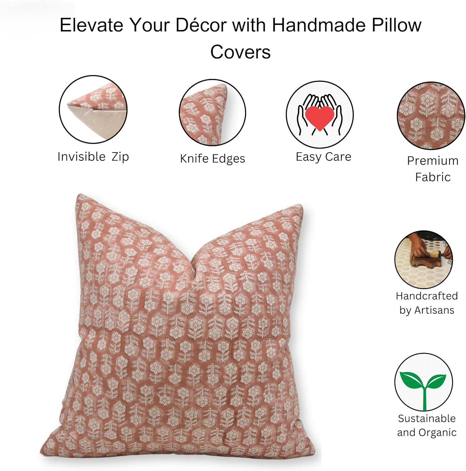 Pillow Covers Handmade Block Print 22x22 Inch Duck Canvas Fabric Throw Pillowcase Cushion Cover, Fall Season, Summer, Decoration for Sofa, Bed, Couch, Living Room (Tulsi Buti-Orange)